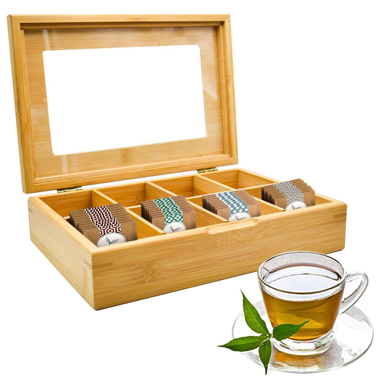  Caja para infusiones de bambú, con tapa transparente y  bisagras, 8 secciones de almacenamiento y cajón extensible : Hogar y Cocina