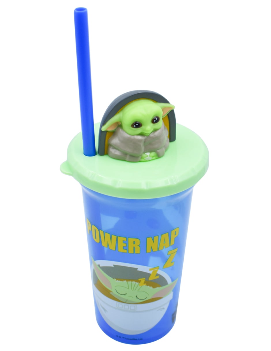 Vaso de Plástico Infantil Con Tapa 3d Y Popote Baby Yoda Mandalorian 443ml