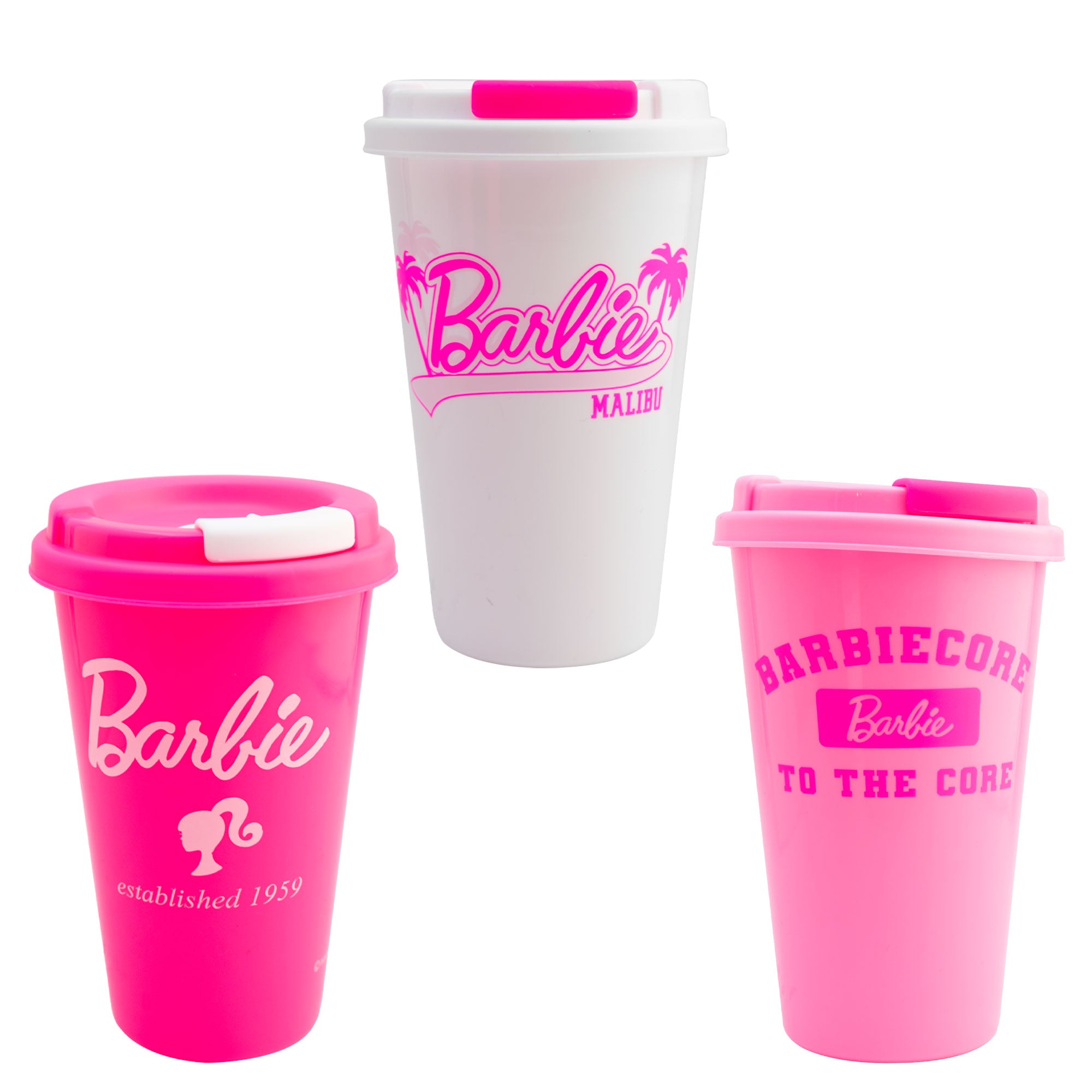 Set 3 Pack Vasos Con Tapa Para Café Barbie Malibu 487ml