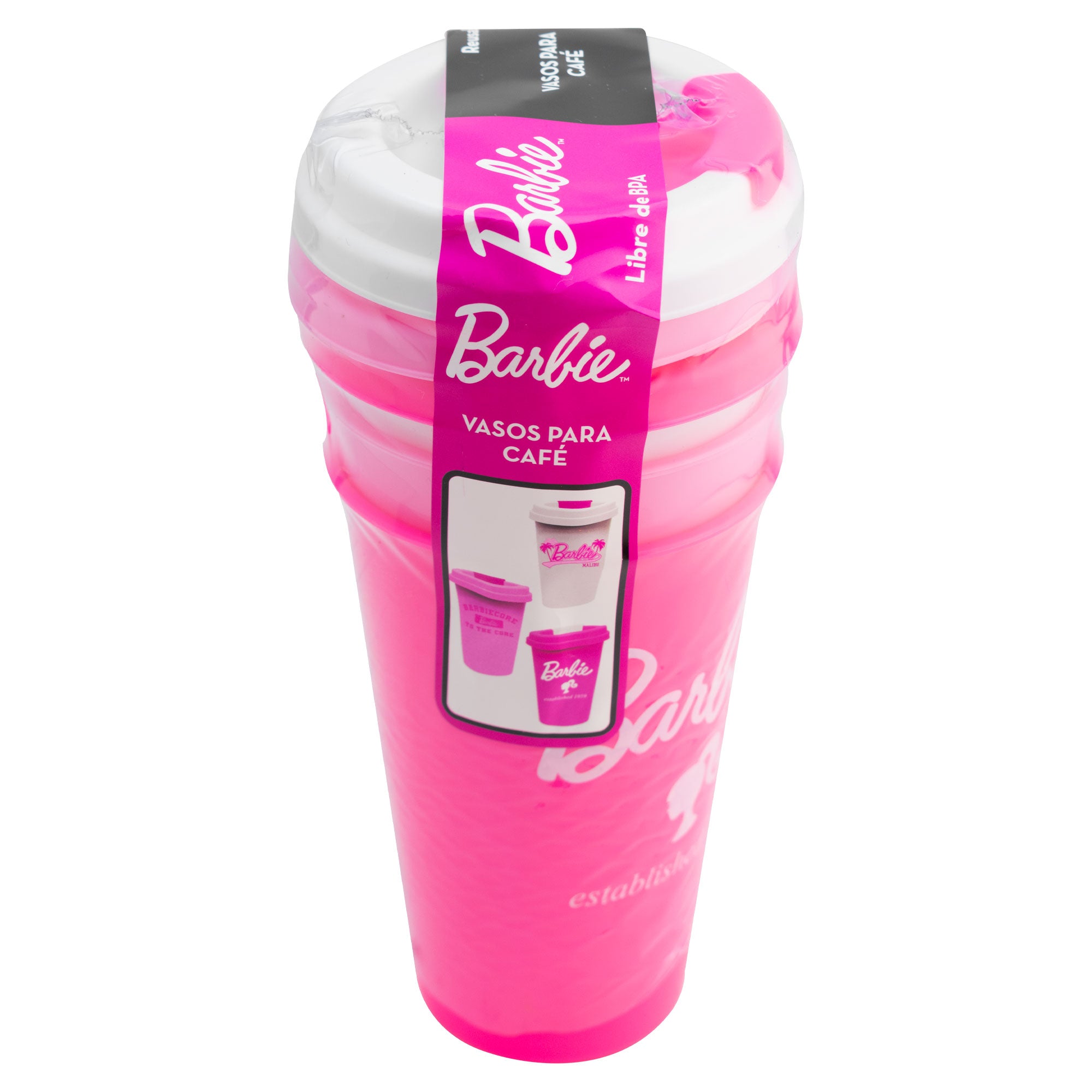 Set 3 Pack Vasos Con Tapa Para Café Barbie Malibu 487ml