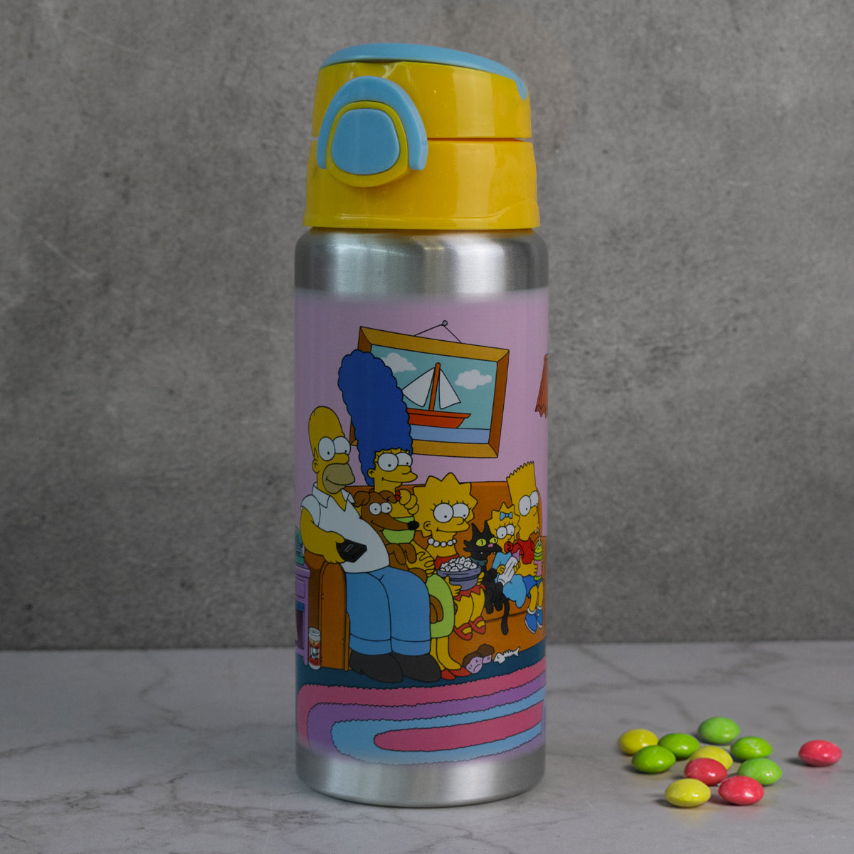 Botella de Aluminio con Botón y Popote Personajes Animados de Disney 600ml