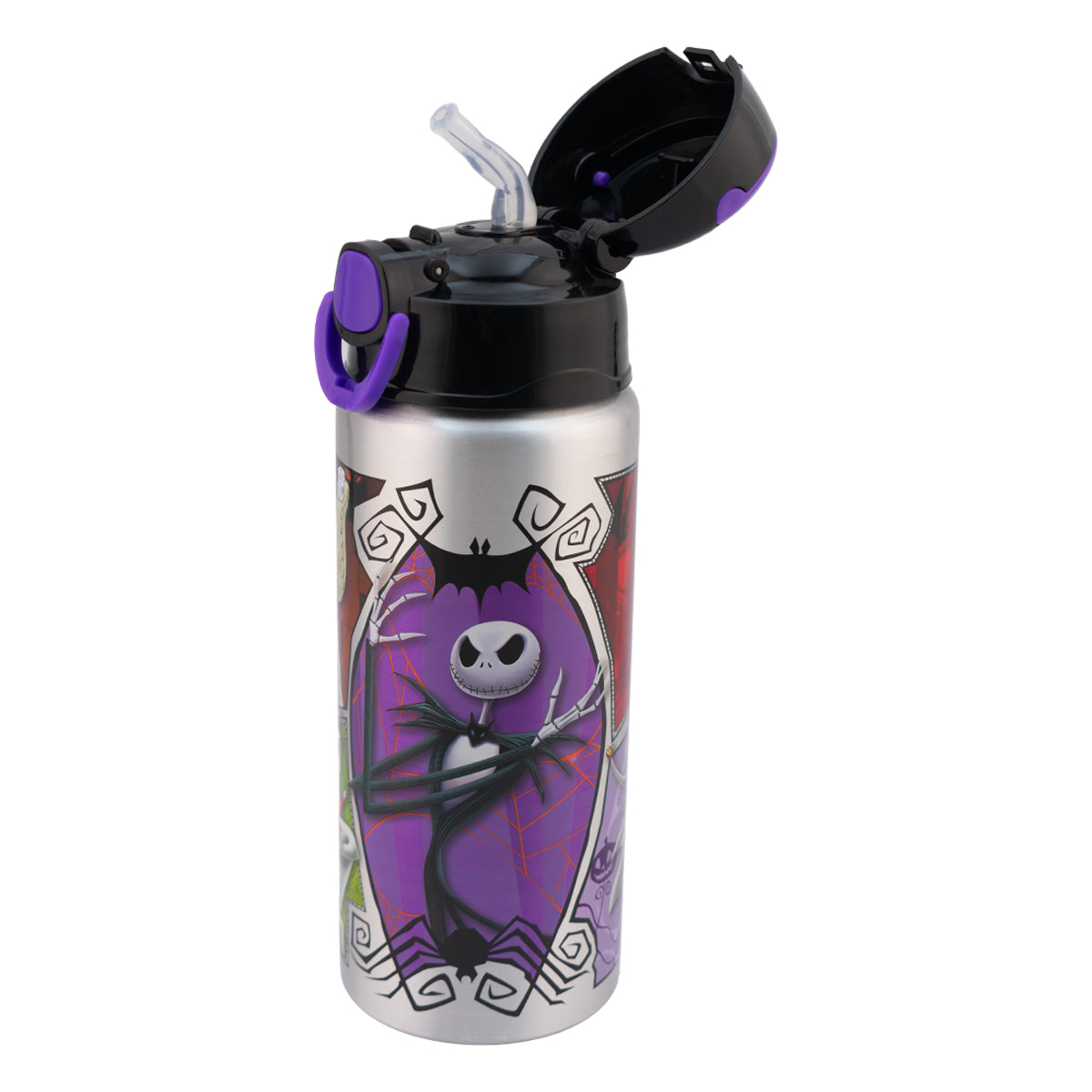 Botella de Aluminio con Botón y Popote Personajes Animados de Disney 600ml