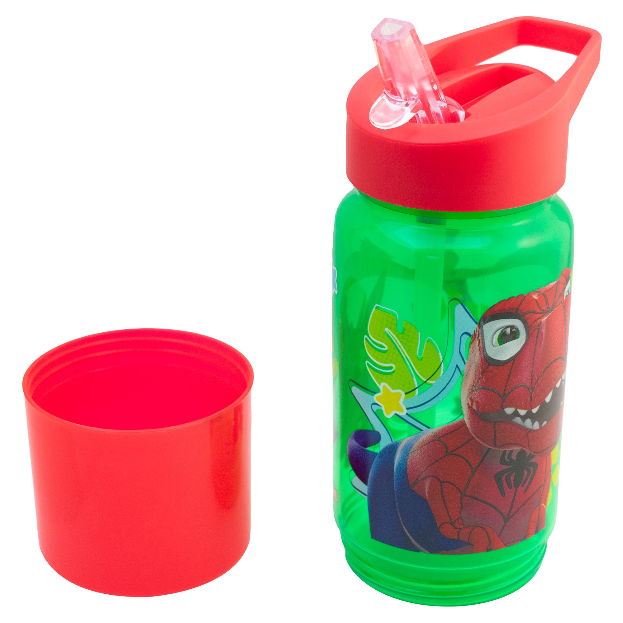 Botella de Plástico con Popote y Contenedor Fun Kids Dino Spidey 550ml