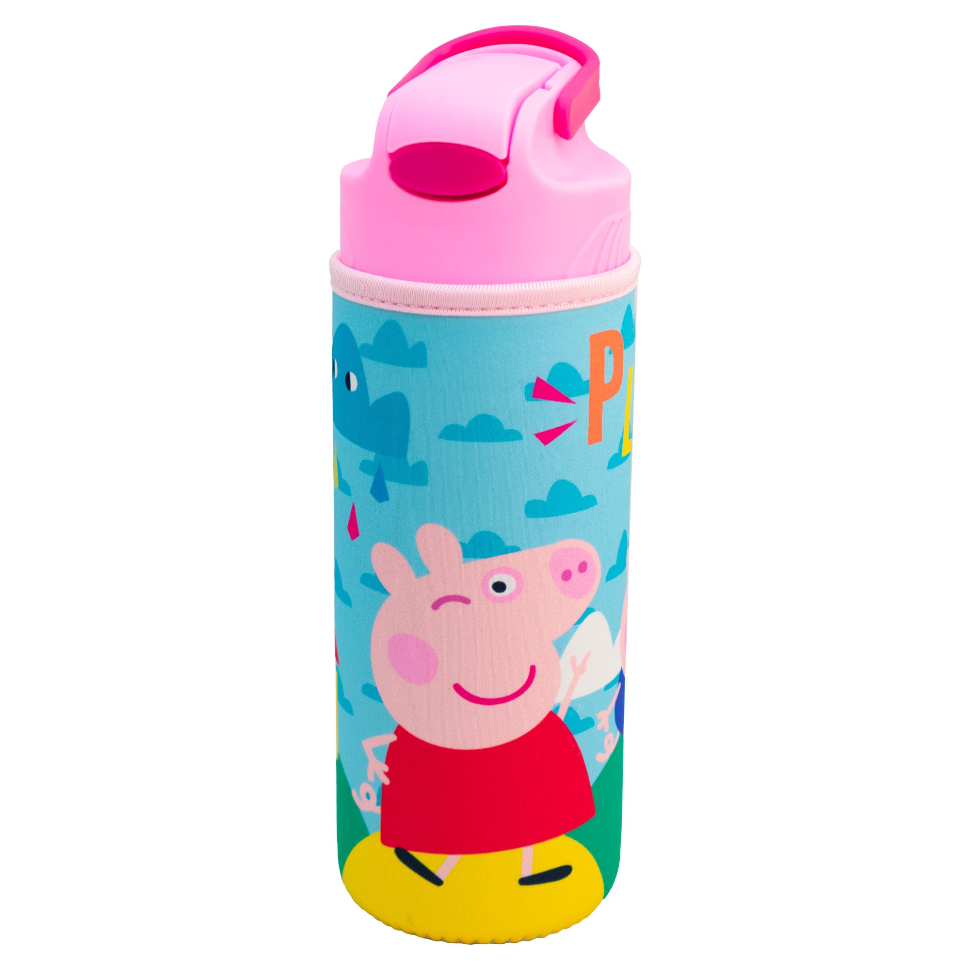 Botella de Plástico con Funda y Tapa Pushup Personajes Animados 600ml