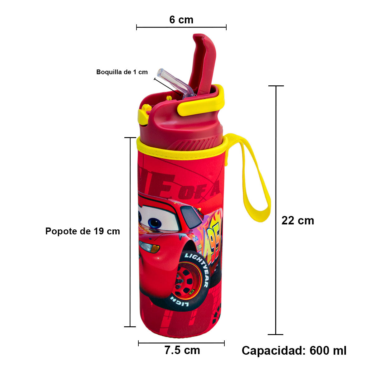 Botella de Plástico con Funda y Tapa Pushup Personajes Animados 600ml