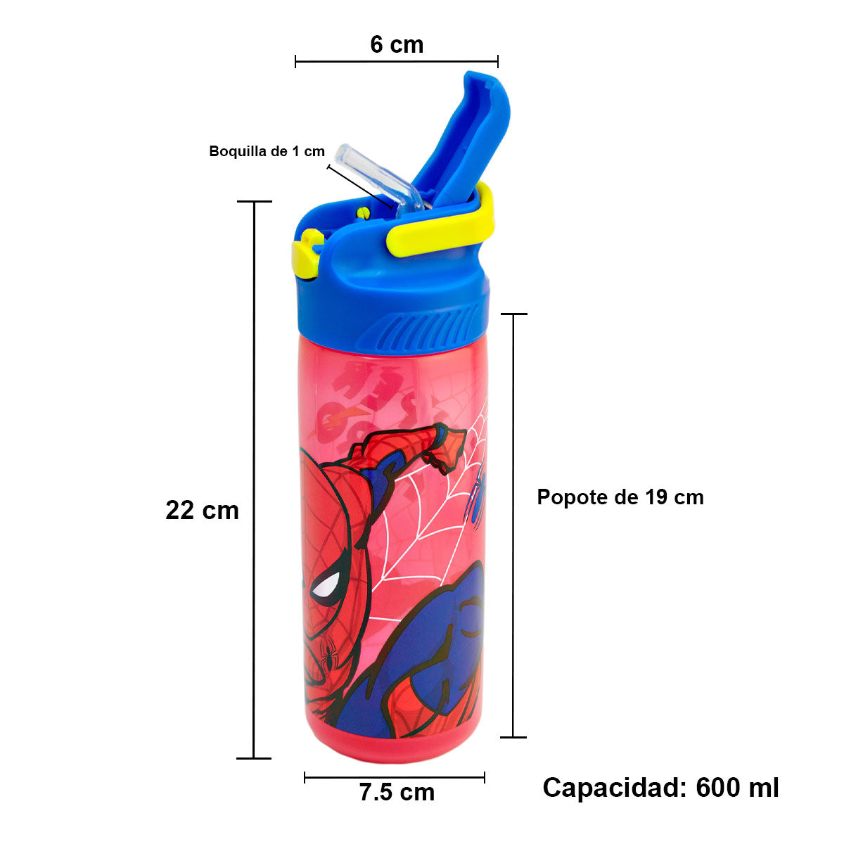 Botella de Plástico con Funda y Tapa Pushup Personajes Animados 600ml