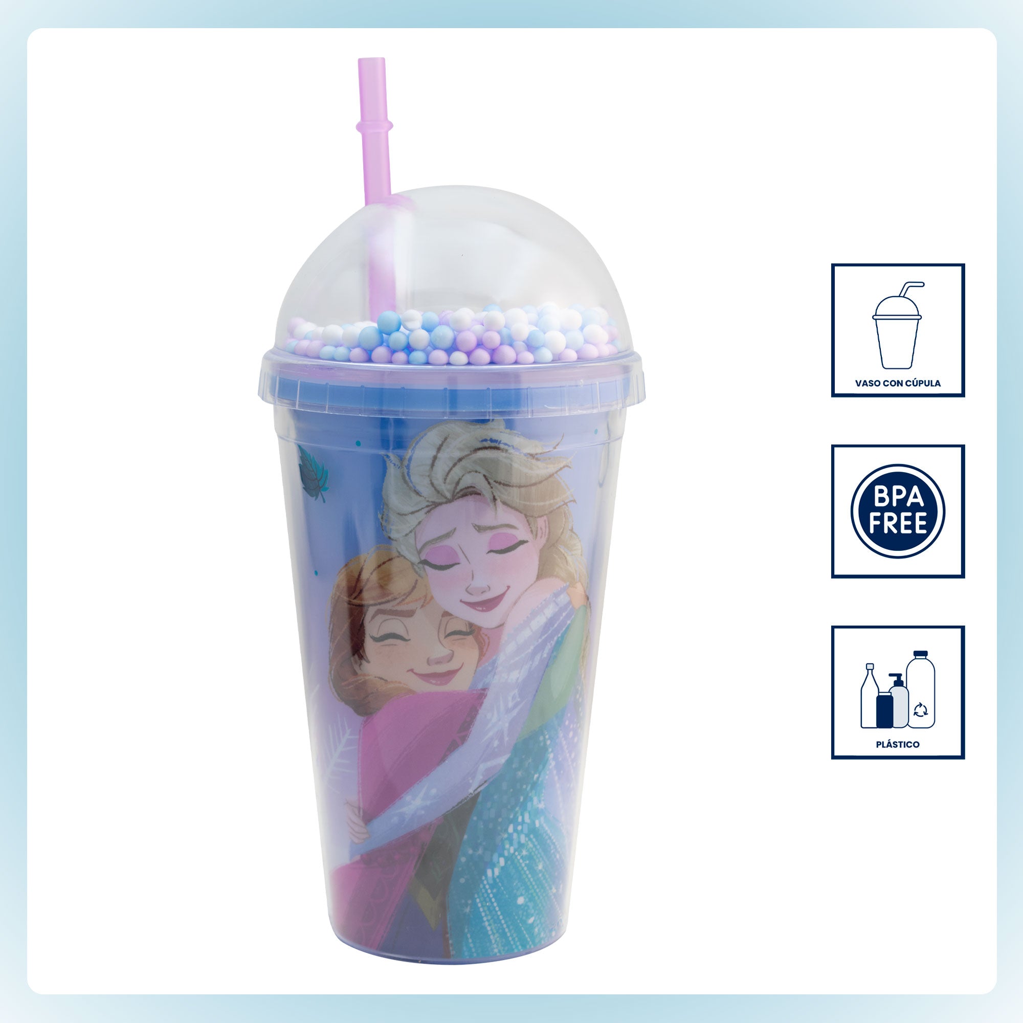 Vaso de Plástico con Popote y Tapa tipo Cúpula con Bolitas Personajes Animados 480ml