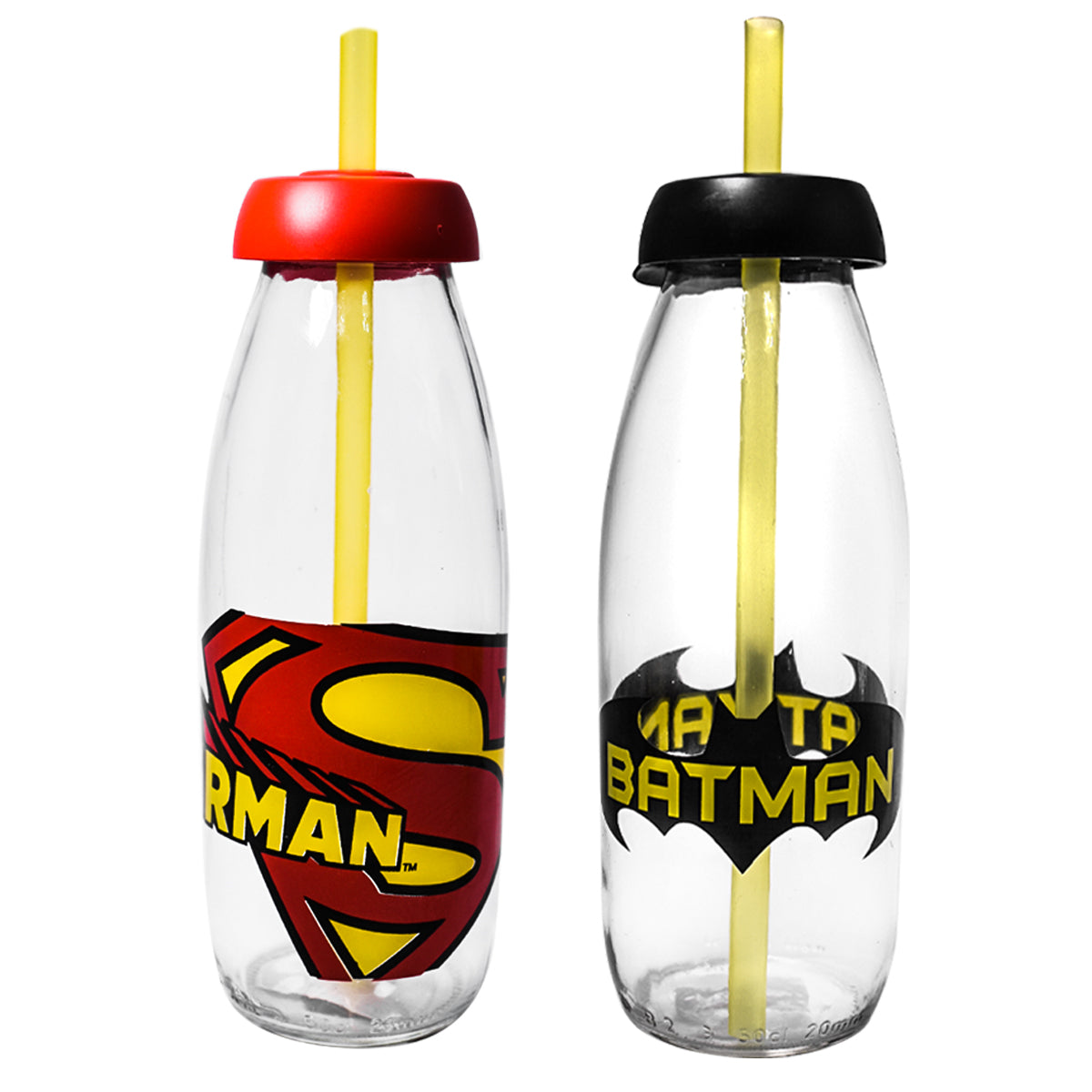 Paquete Botellas Vasos Largos con Tapa y Popote Top Choice DC Comics Superman & Batman Vidrio 450ml 15pzas