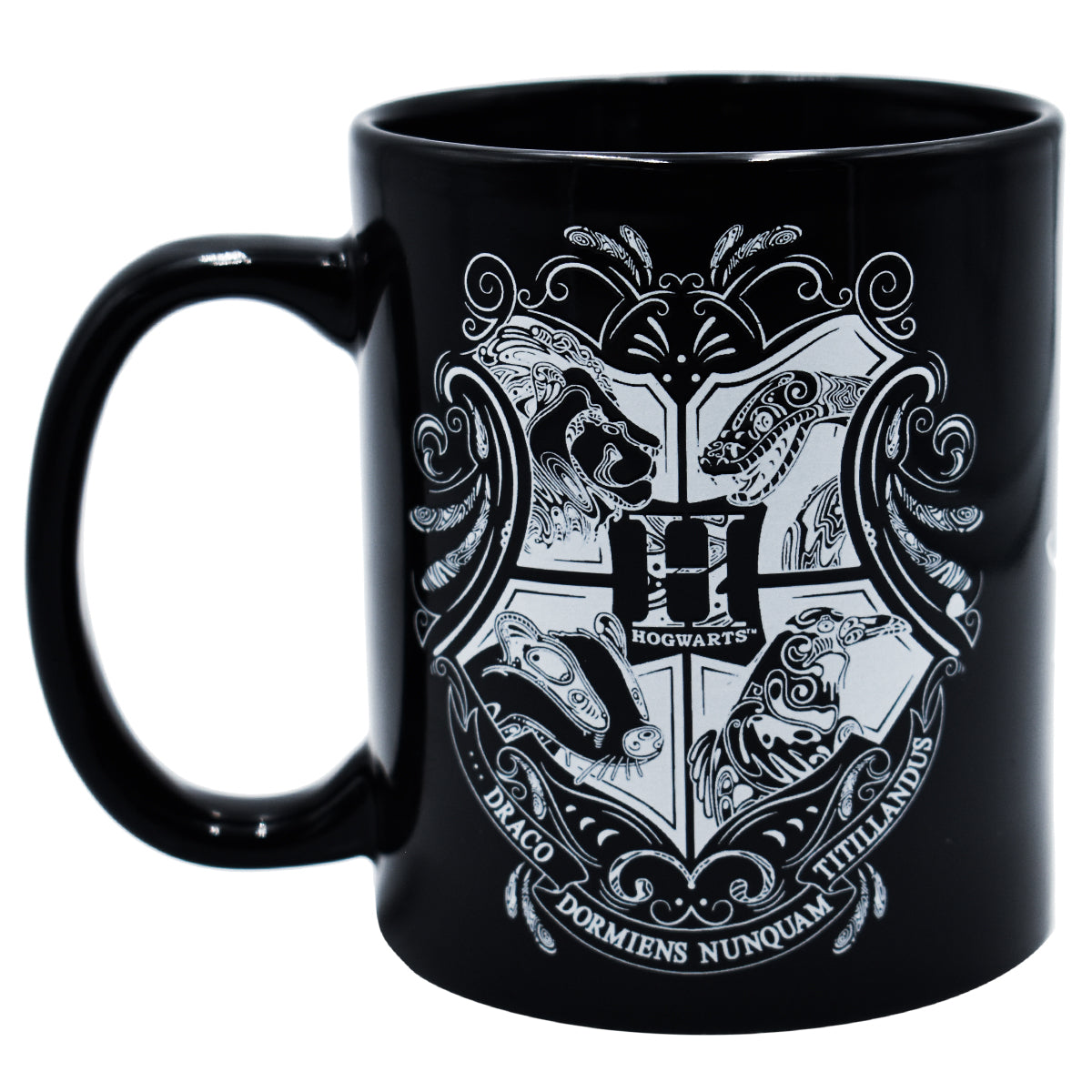 Taza Negra Brilla en la Oscuridad con Caja de Regalo Fun kids Harry Potter Escudo Hogwarts Ceramica 325ml