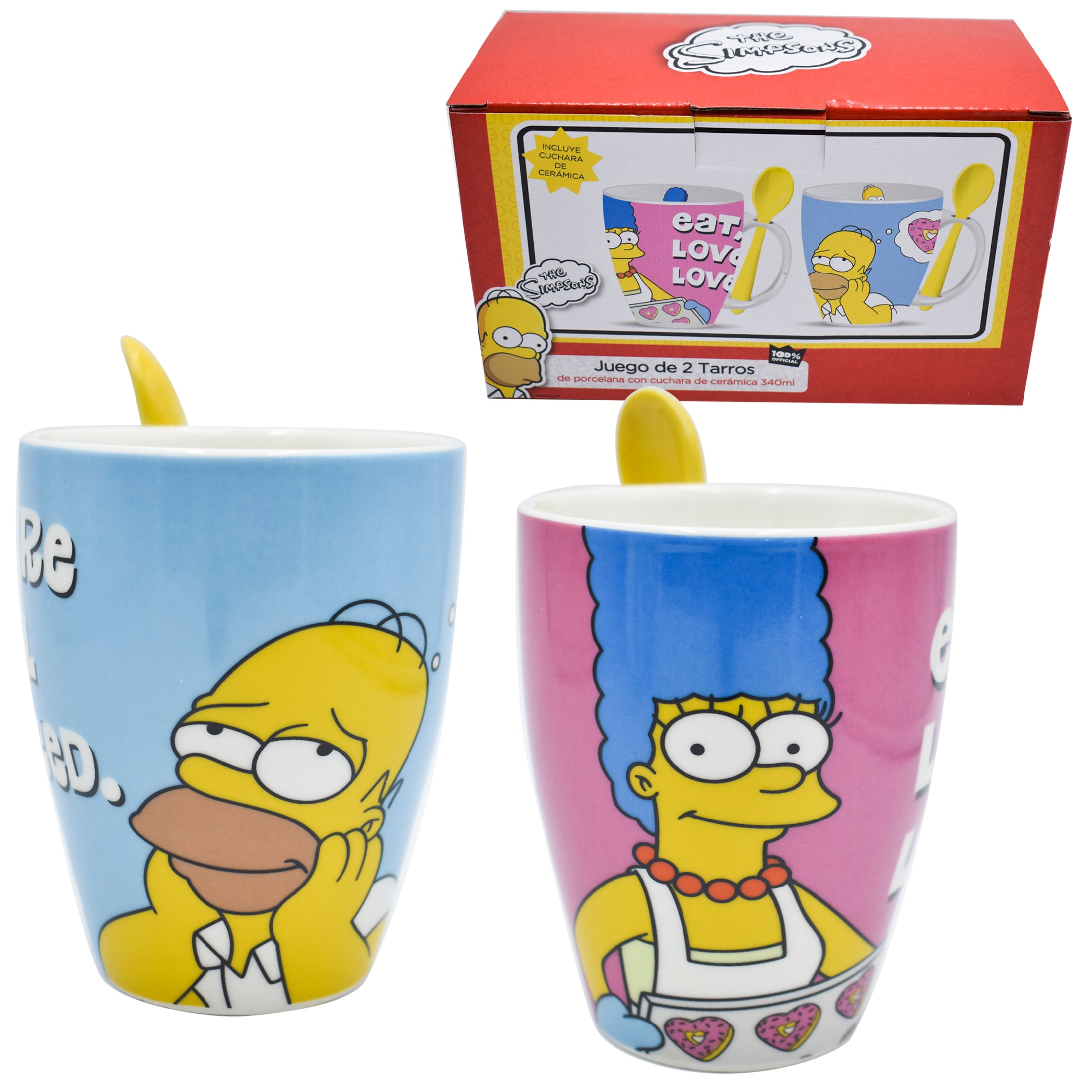 Juego de 2 Tazas de Cerámica con Cuchara Fun kids Disney Los Simpson Homero & Marge 340ml