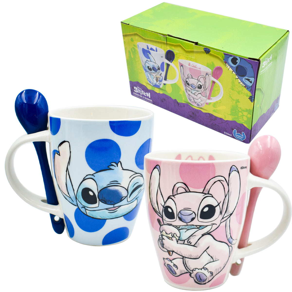 Juego de 2 Tazas de Cerámica con Cuchara Fun Kids Disney Stitch & Angel 410ml