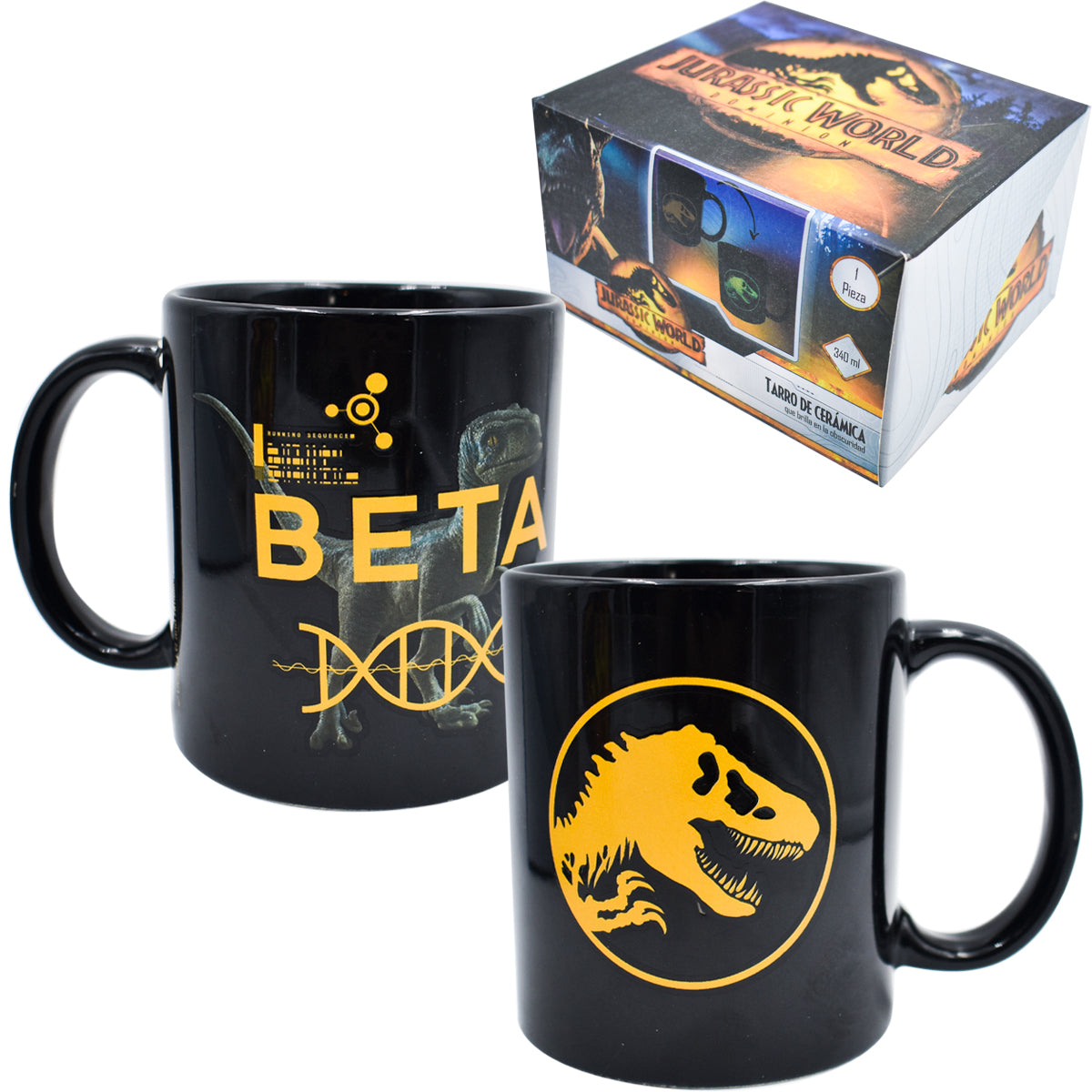 Taza Negra con Caja de Regalo Brilla en la oscuridad Fun Kids Jurassic World Dominion Ceramica 340ml