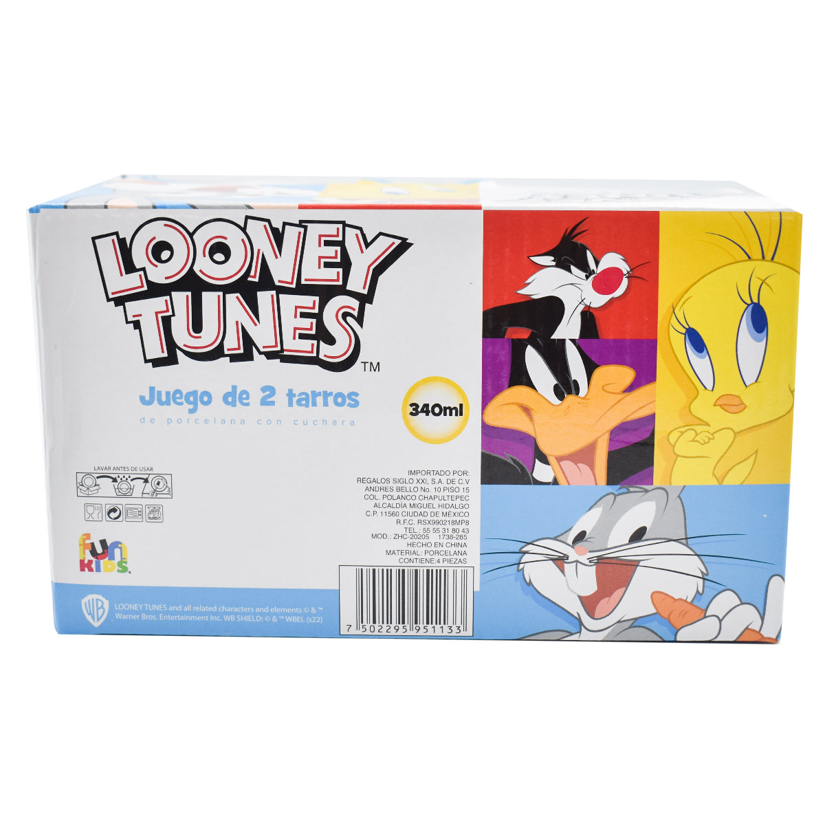Set Juego Duo Tazas con Cuchara Fun Kids Warner Bros Looney Tunes Silvestre & Piolin Ceramica 340ml