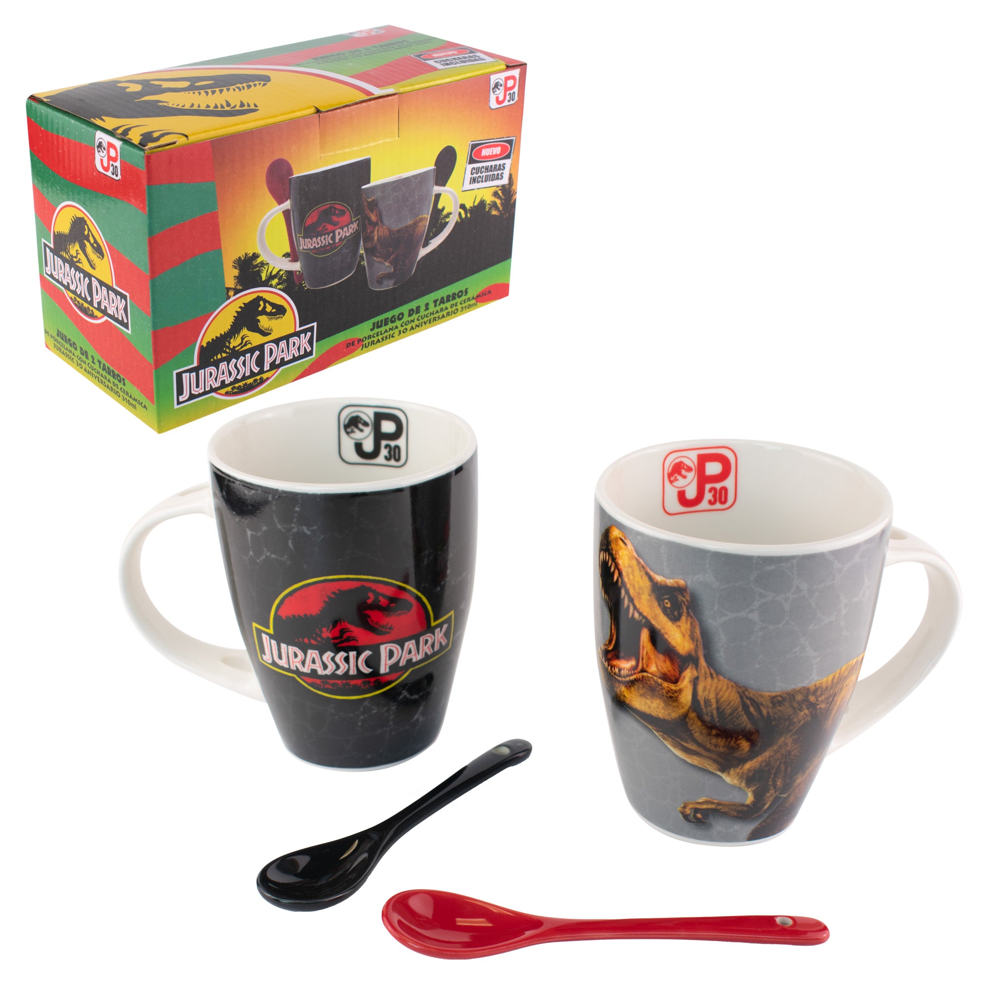 Juego de 2 Tazas de Porcelana Con Cuchara Jurassic Park 30 Aniversario 310ml