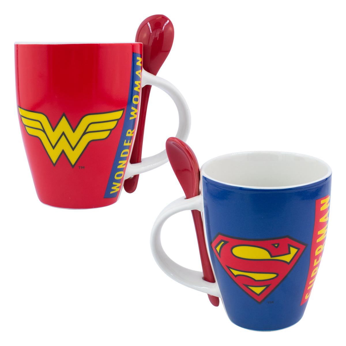Juego Set Duo Tazas con Cuchara Fun Kids CD Comics Liga de La Justicia Batman Superman Wonder Woman Flash Porcelana 310ml