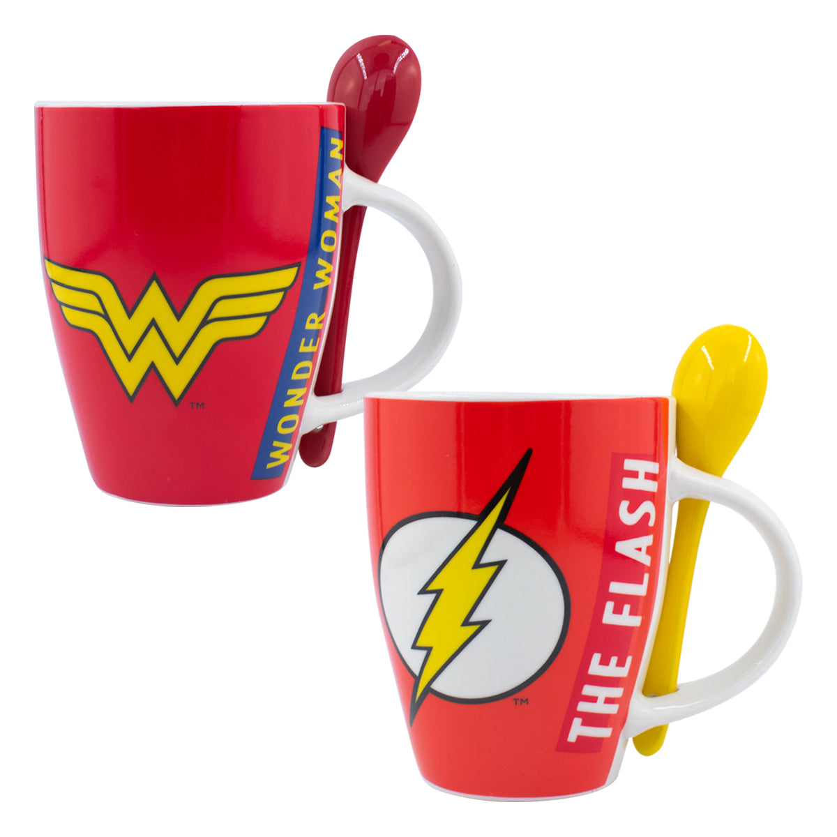 Juego Set Duo Tazas con Cuchara Fun Kids CD Comics Liga de La Justicia Batman Superman Wonder Woman Flash Porcelana 310ml