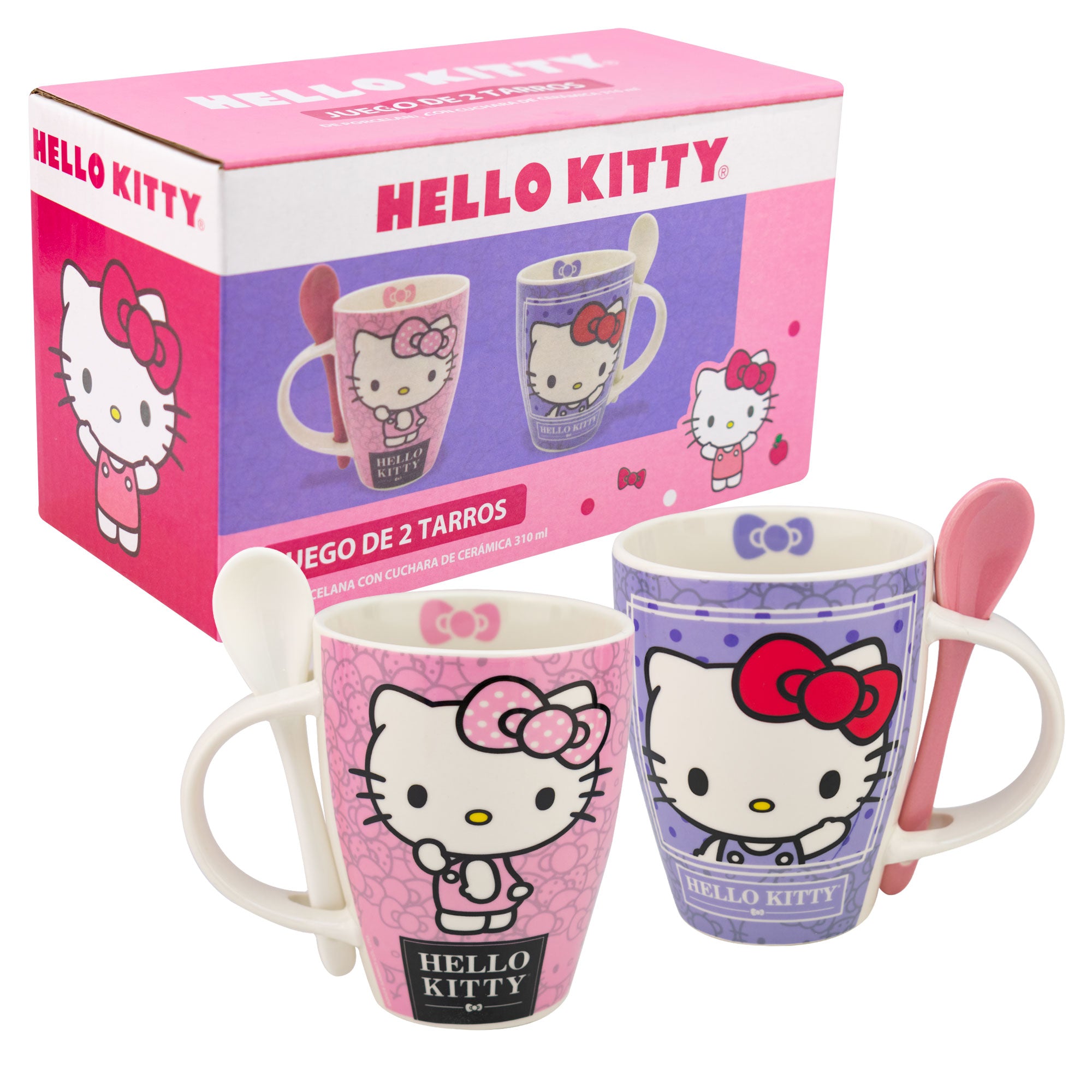 Juego de 2 Tazas De Porcelana Con Cuchara Hello Kitty Sanrio 310ml