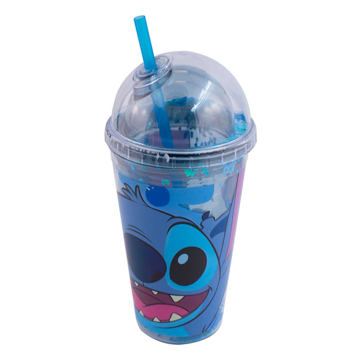 Vaso Alto Domo con Popote Azul Fun Kids Disney Stitch Acrilico 500ml