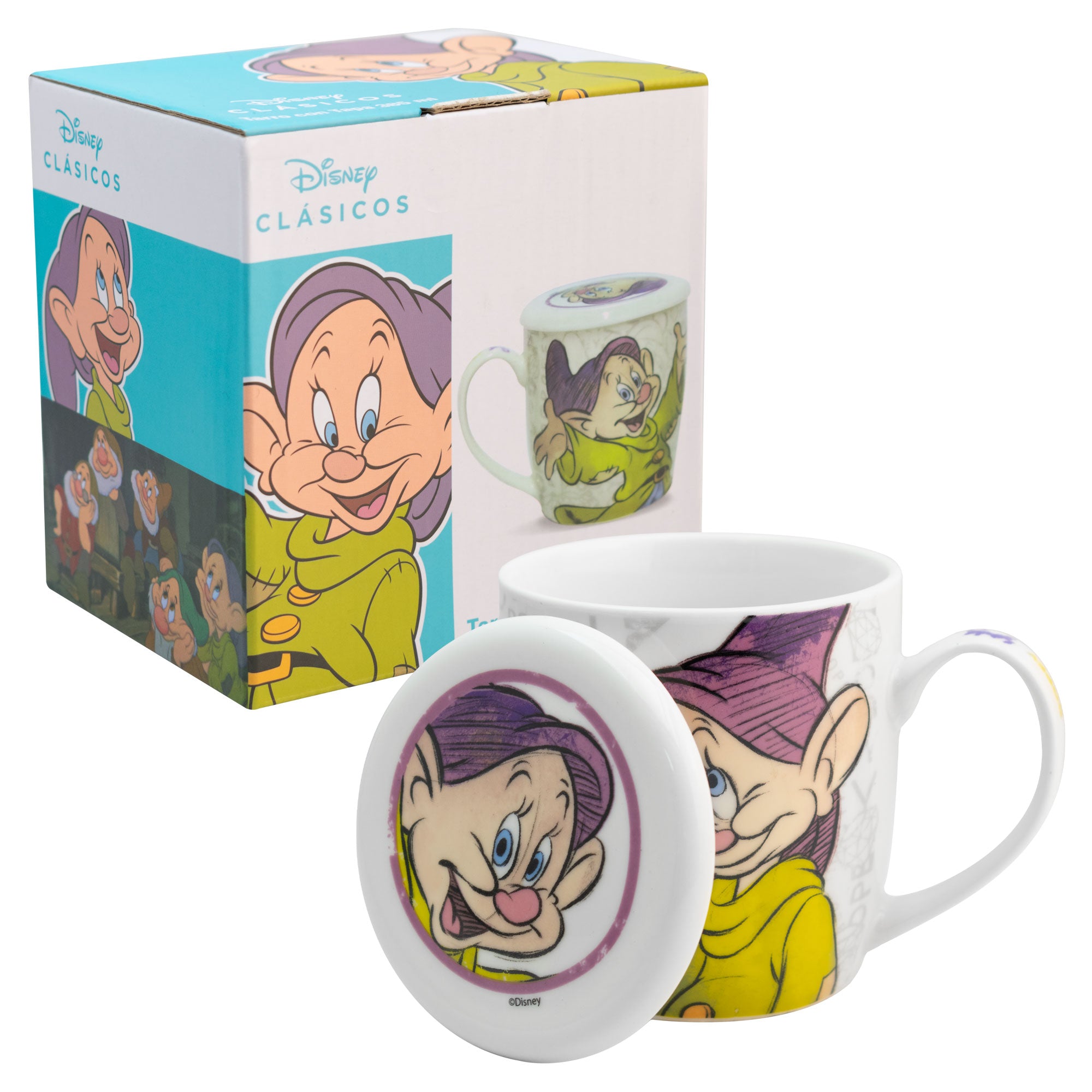 Taza de Cerámica con Tapa y Caja de Regalo Disney Blanca Nieves Gruñón y Tontín 385ml