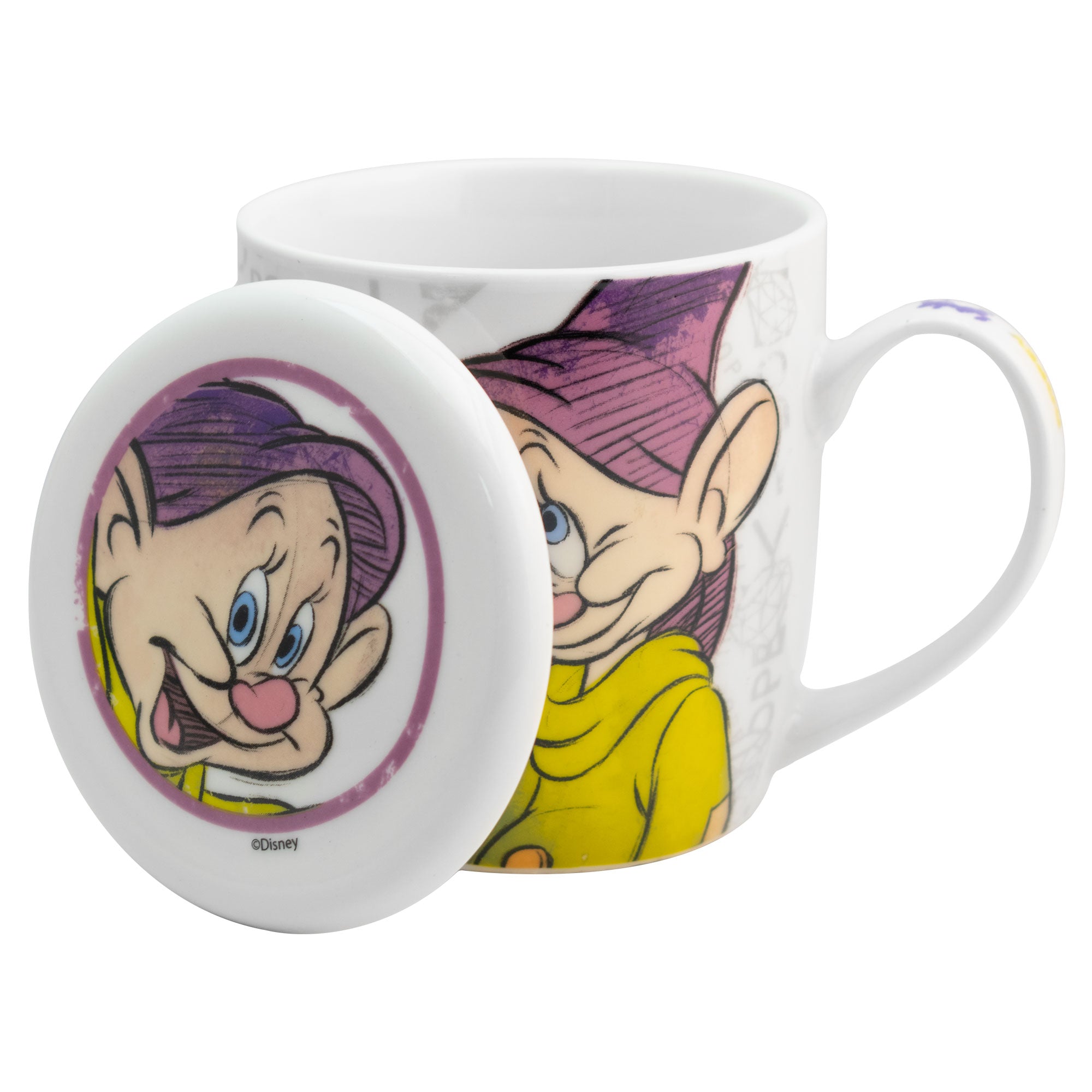 Taza de Cerámica con Tapa y Caja de Regalo Disney Blanca Nieves Gruñón y Tontín 385ml