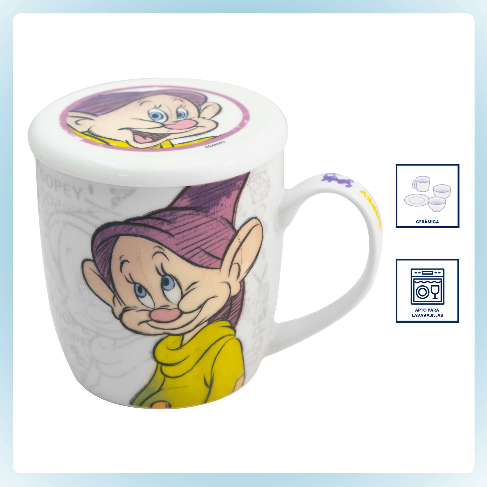 Taza de Cerámica con Tapa y Caja de Regalo Disney Blanca Nieves Gruñón y Tontín 385ml