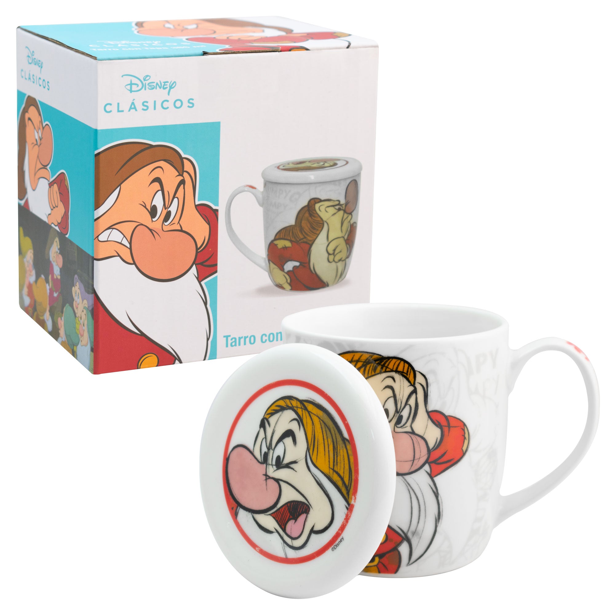 Taza de Cerámica con Tapa y Caja de Regalo Disney Blanca Nieves Gruñón y Tontín 385ml