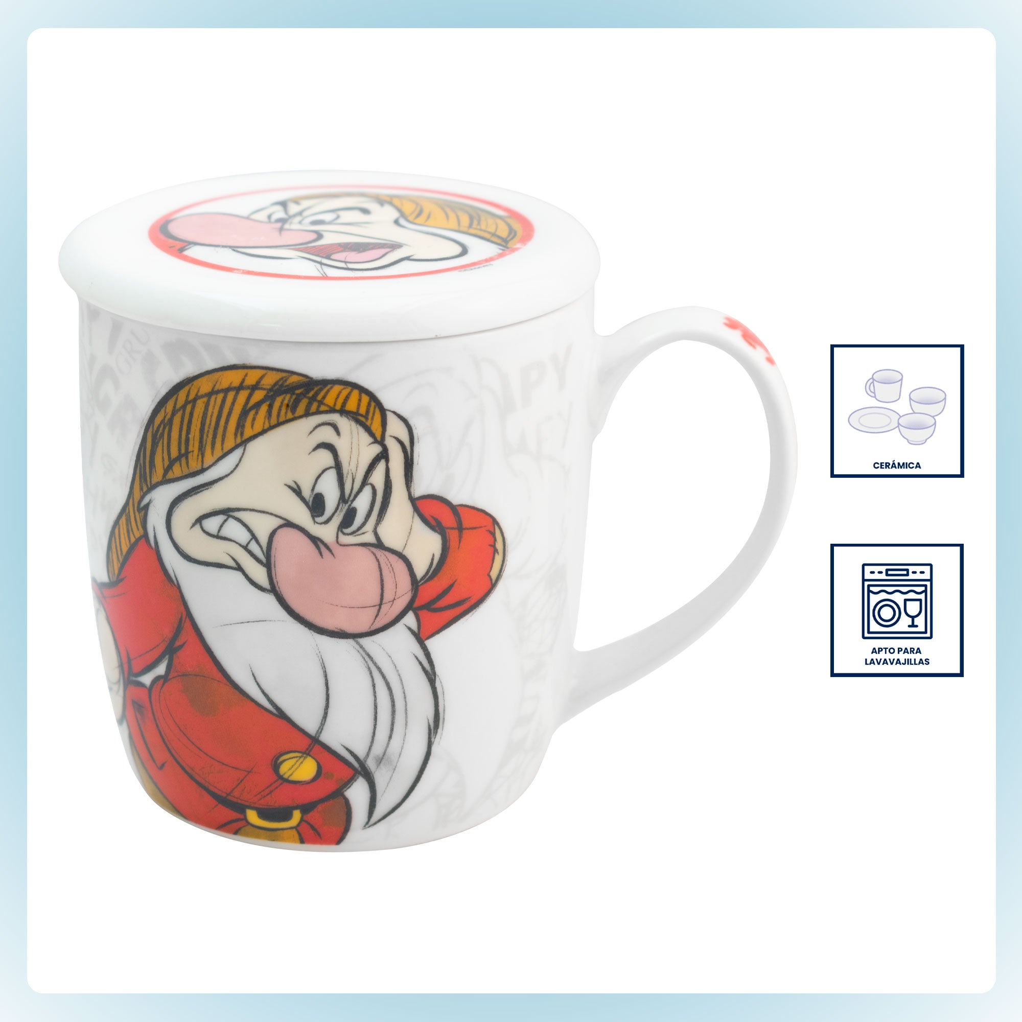 Taza de Cerámica con Tapa y Caja de Regalo Disney Blanca Nieves Gruñón y Tontín 385ml