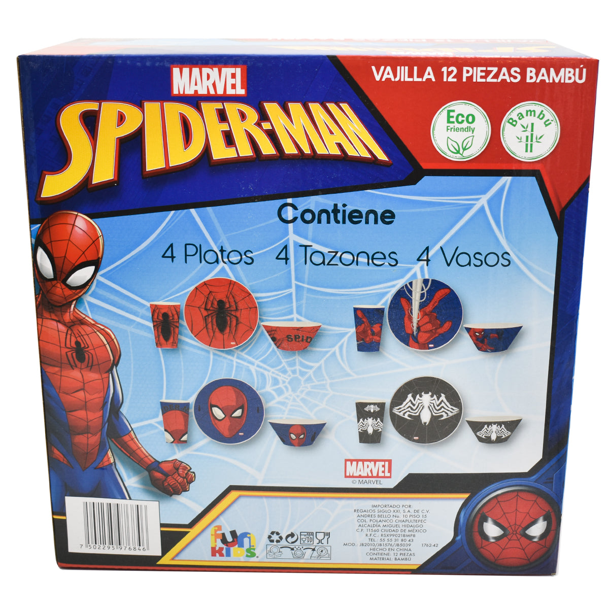 Vajilla para 4 Personas Ecologica Fun Kids Disney Marvel Spider Man Hombre Araña Fibra de Bambu 12pzas