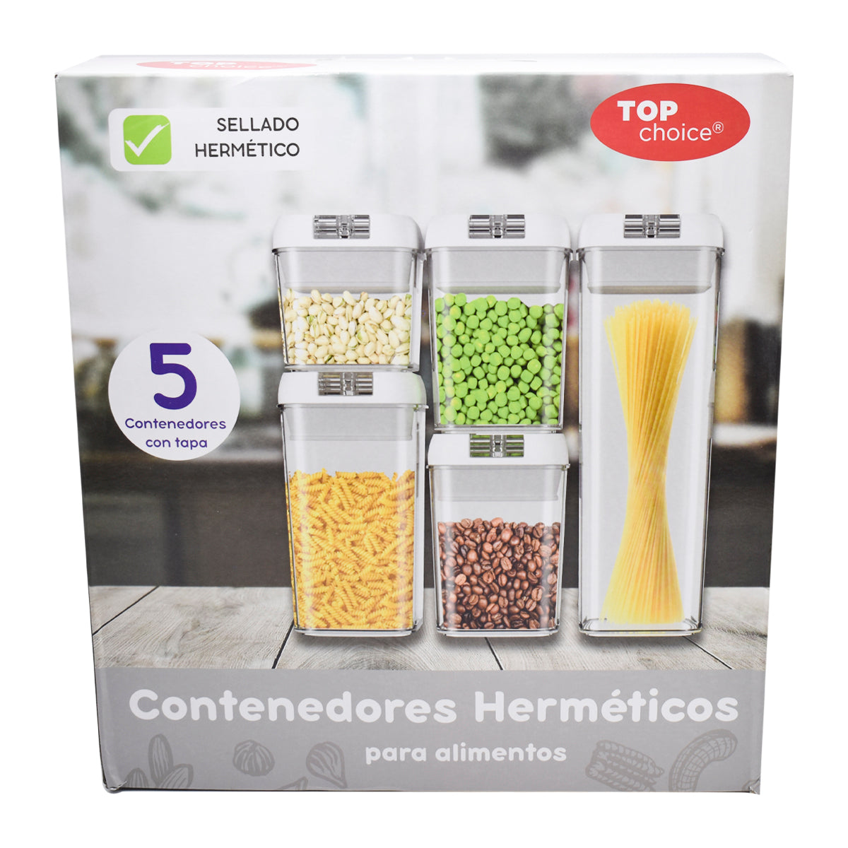 Set Juego 5 Contenedores Recipientes Frascos Top Choice Tapa Hermética Plastico