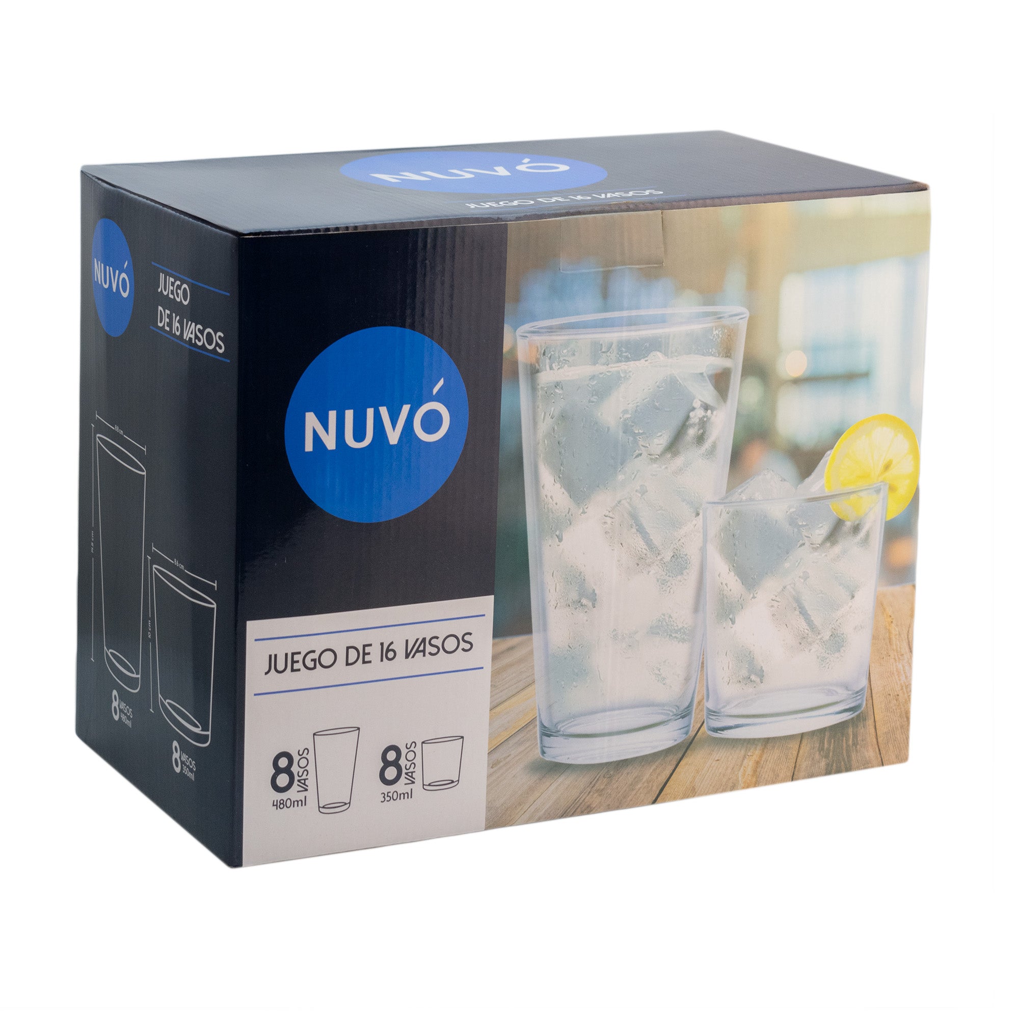 Set de 16 Vasos de Vidrio Nuvó 350ml y 480ml