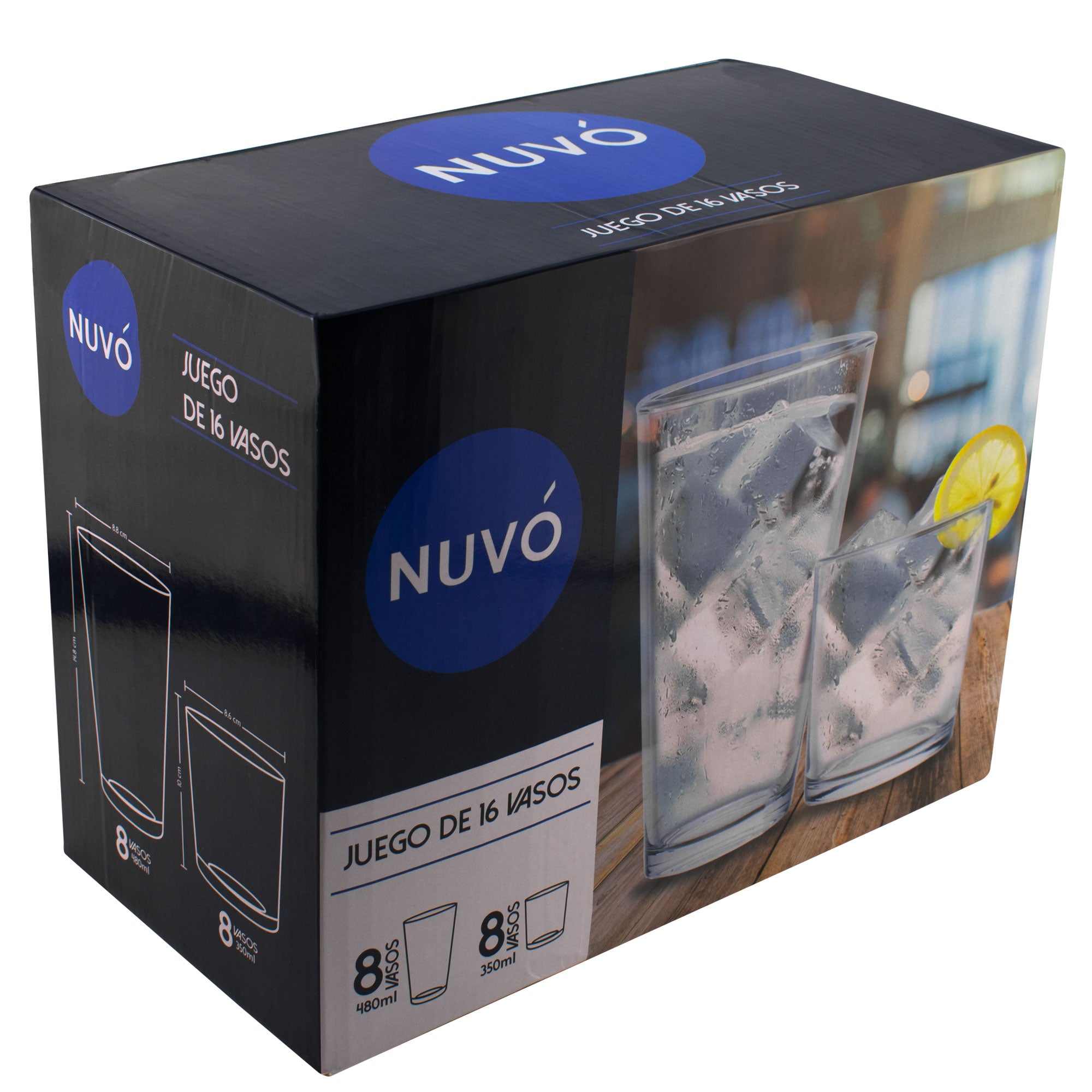 Set de 16 Vasos de Vidrio Nuvó 350ml y 480ml