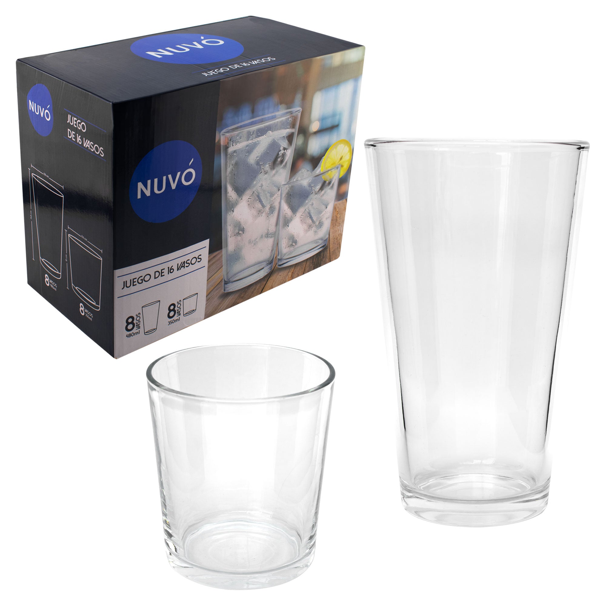 Set de 16 Vasos de Vidrio Nuvó 350ml y 480ml