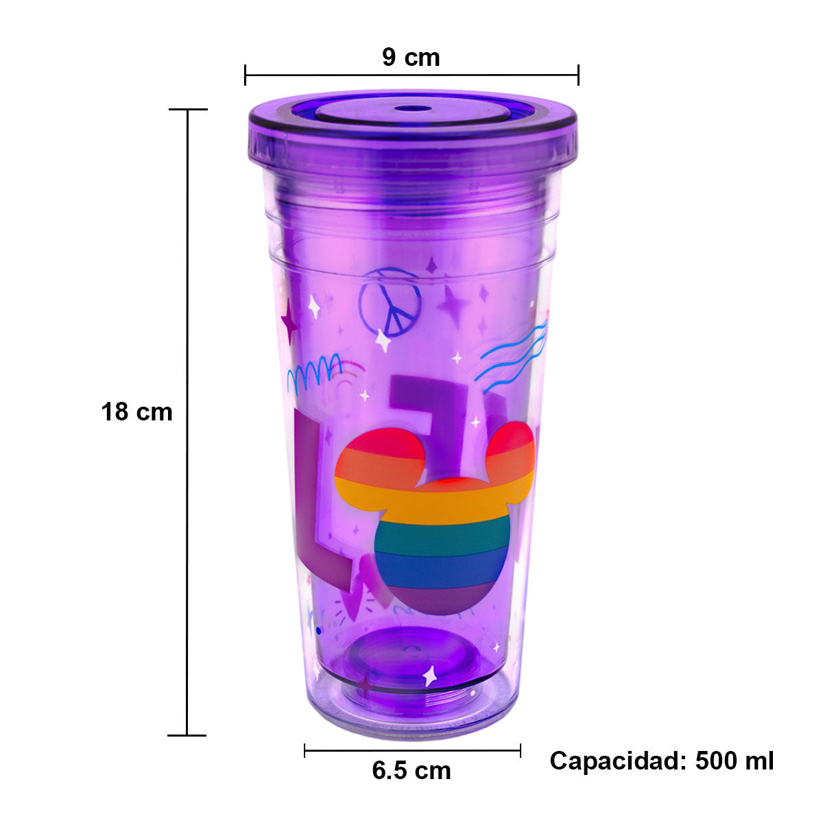 Vaso Doble Pared Popote Colección Disney Pride Orgullo 500ml Color Violeta