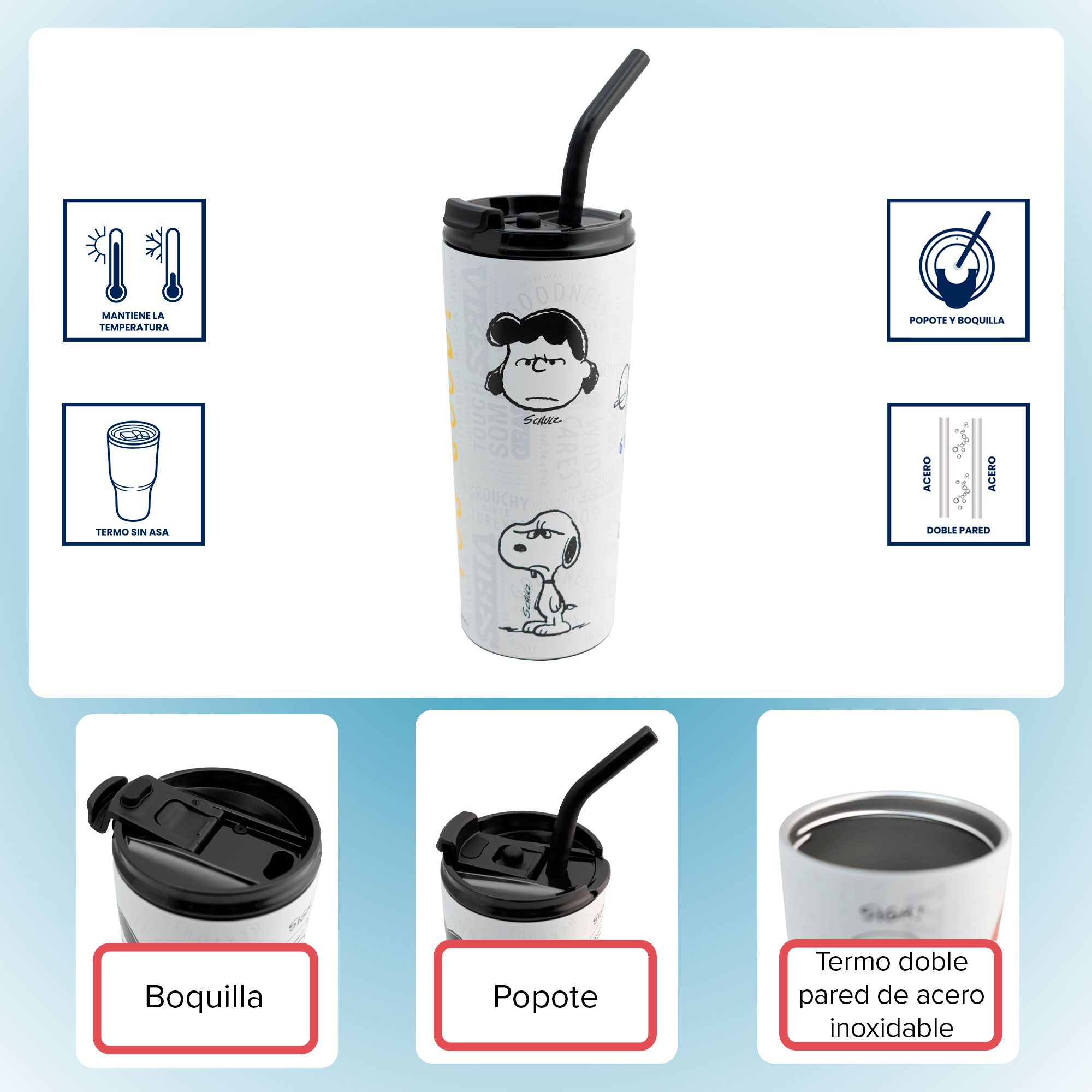 Termo Alto Doble Pared de Acero Inoxidable con Tapa y Popote Snoopy 600ml