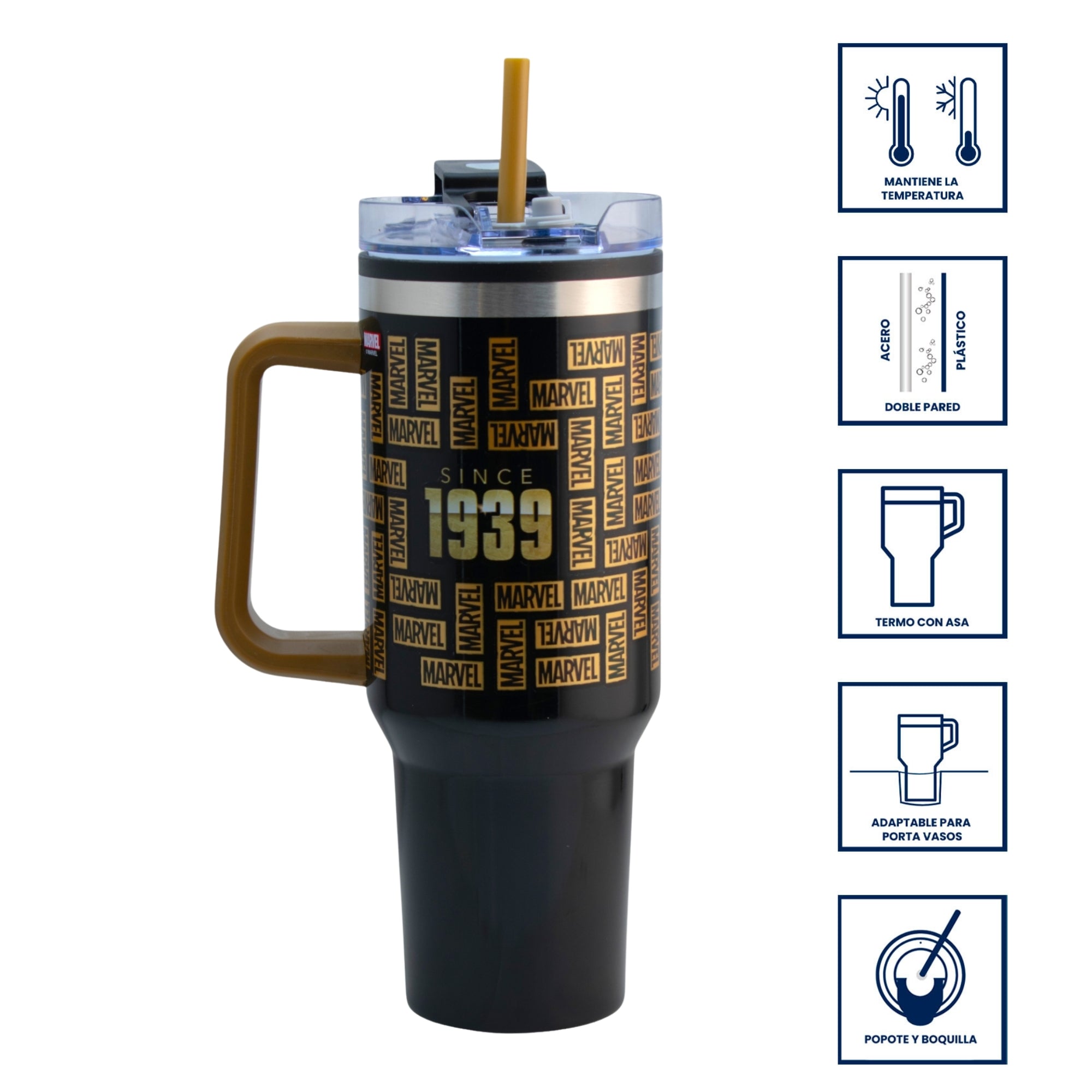 Termo de Acero Inoxidable con Doble Pared, Asa Y Popote Personajes 1.2 L