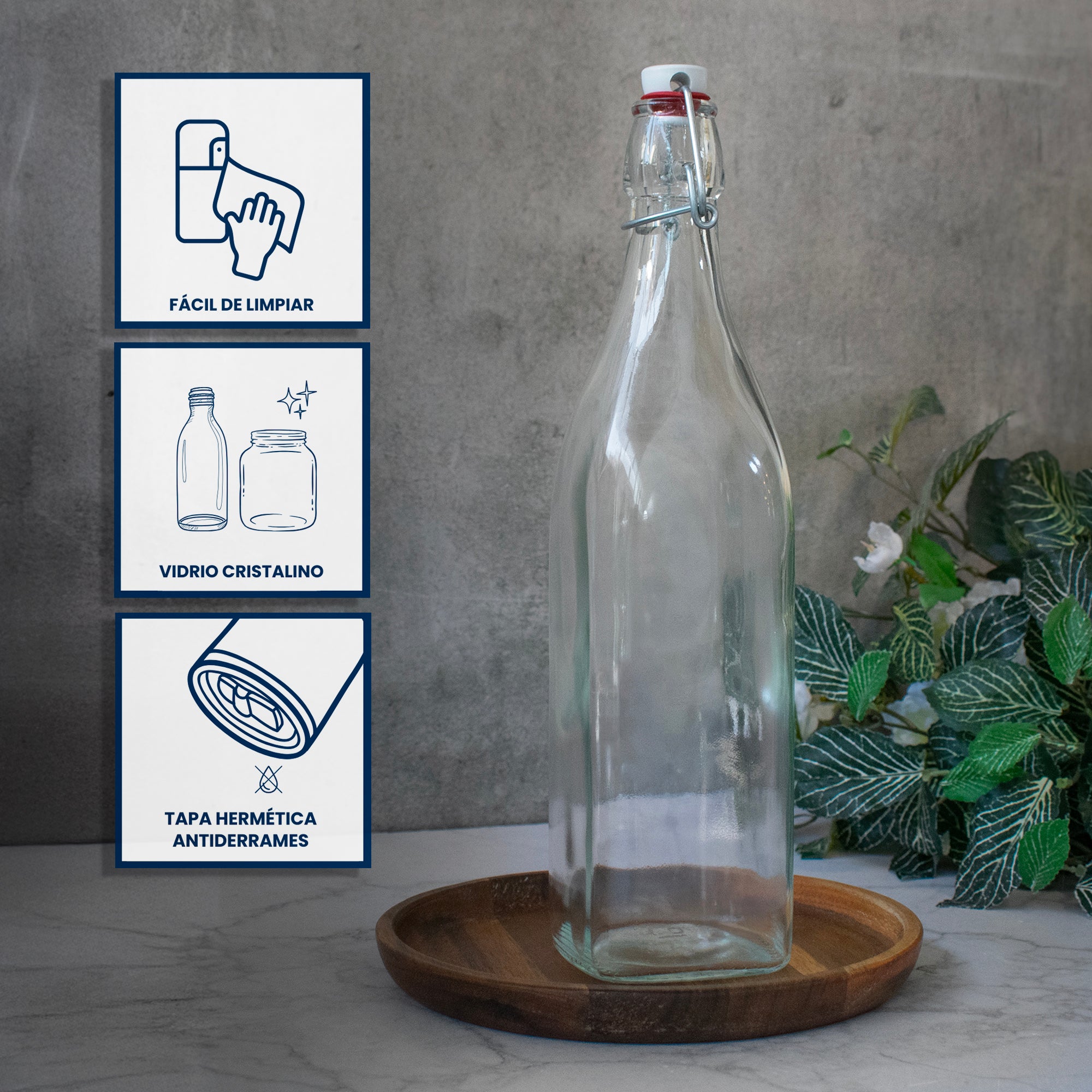 Botella De Vidrio Italiano con Tapón Hermético Bormioli Rocco 1 Litro