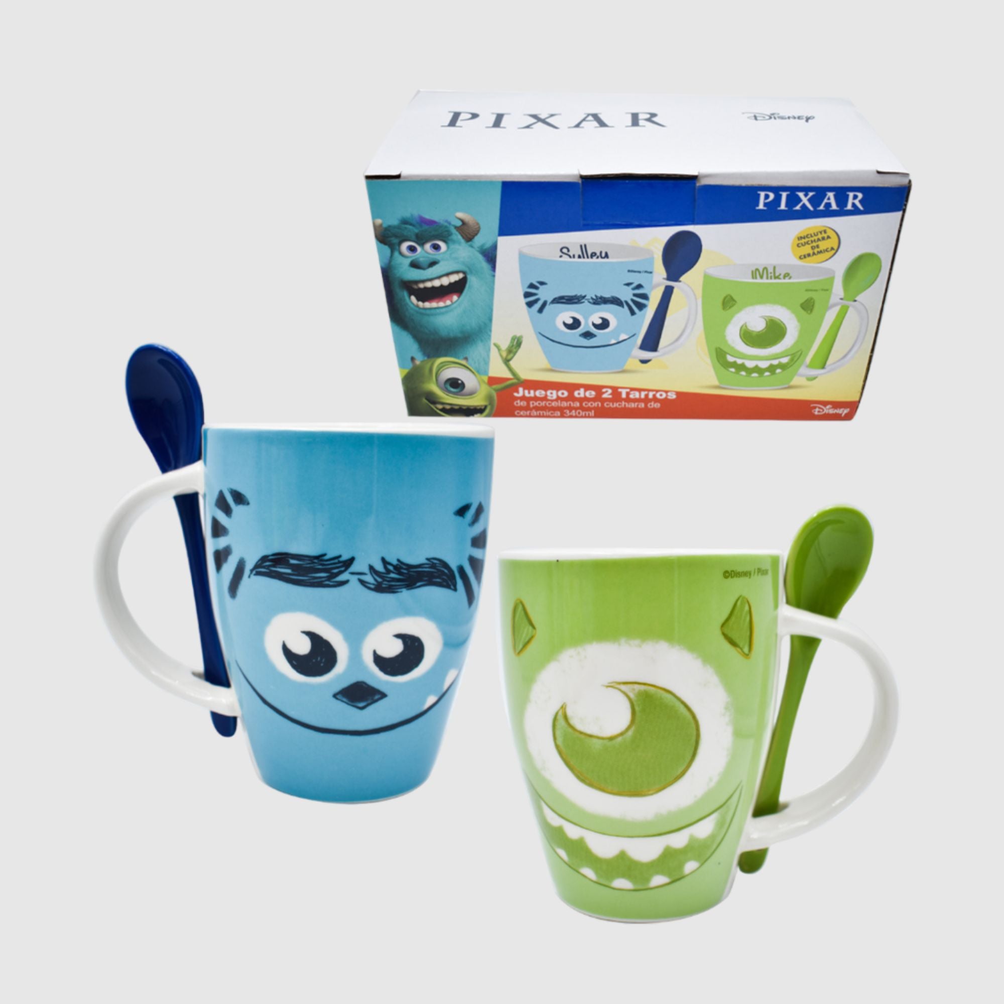 Set Juego Tazas Disney Pixar Monster Inc Mike Wazowski & Sulley Cerámica 310ml 2pzas