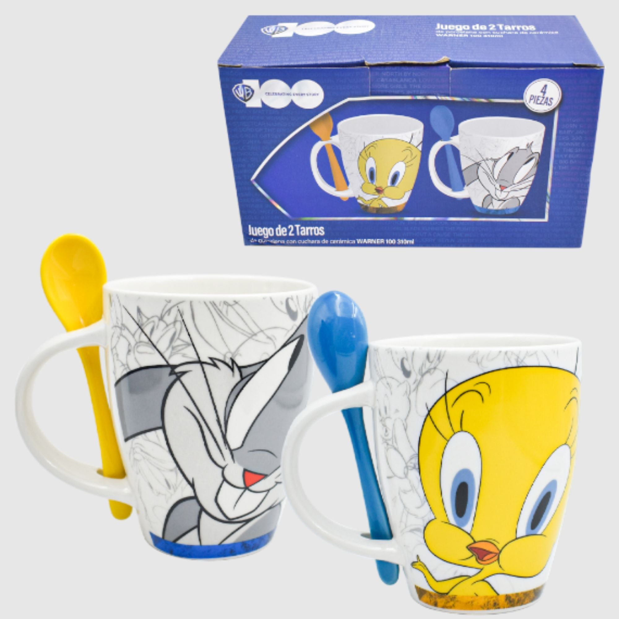 Set Duo Juego Tazas con Cuchara Fun Kids Warner Bros Bugs Bunny & Piolín Porcelana 310ml