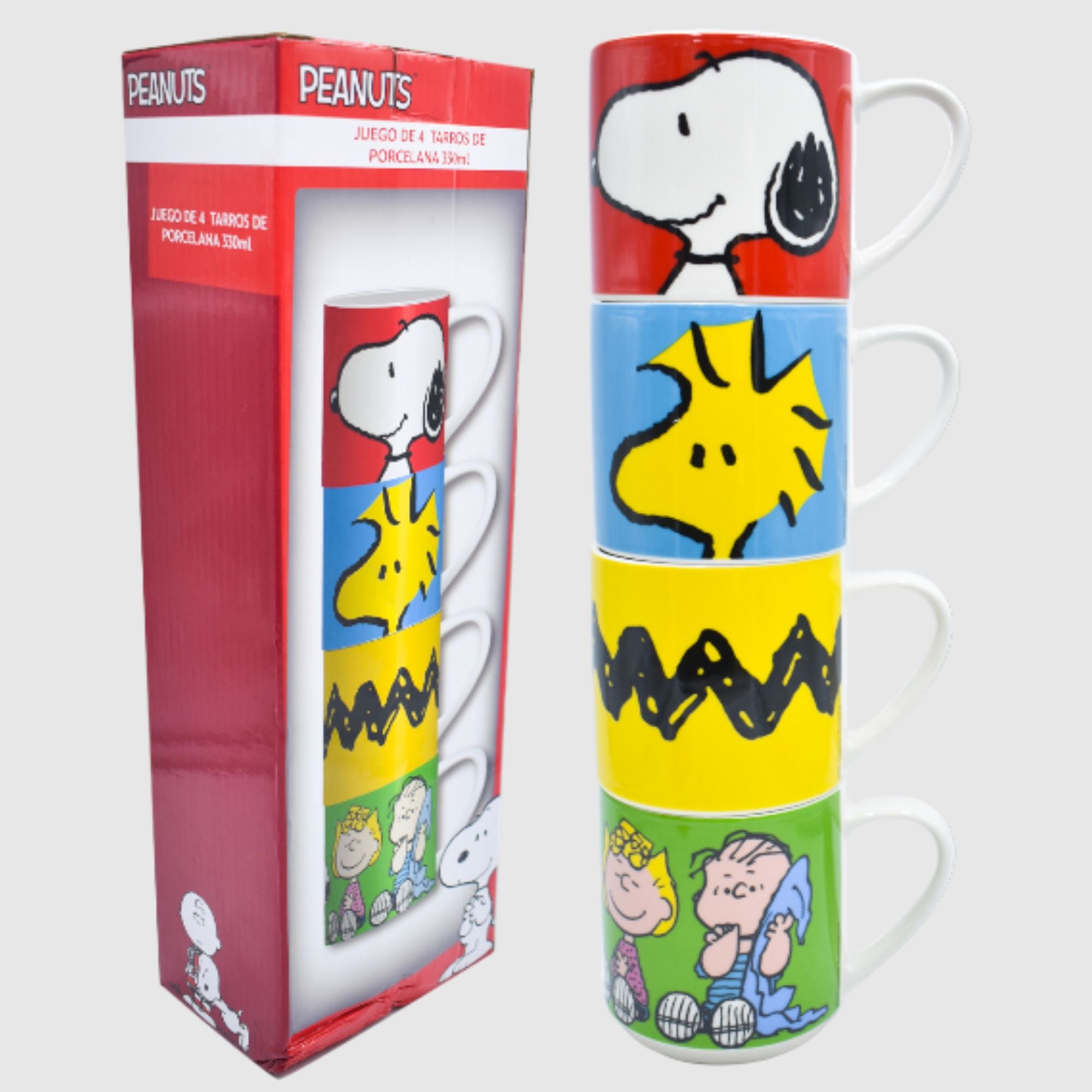 Set Juego Tazas Apilables Fun Kids Peanuts Charly Brown Snoopy Porcelana 330ml 4pzas