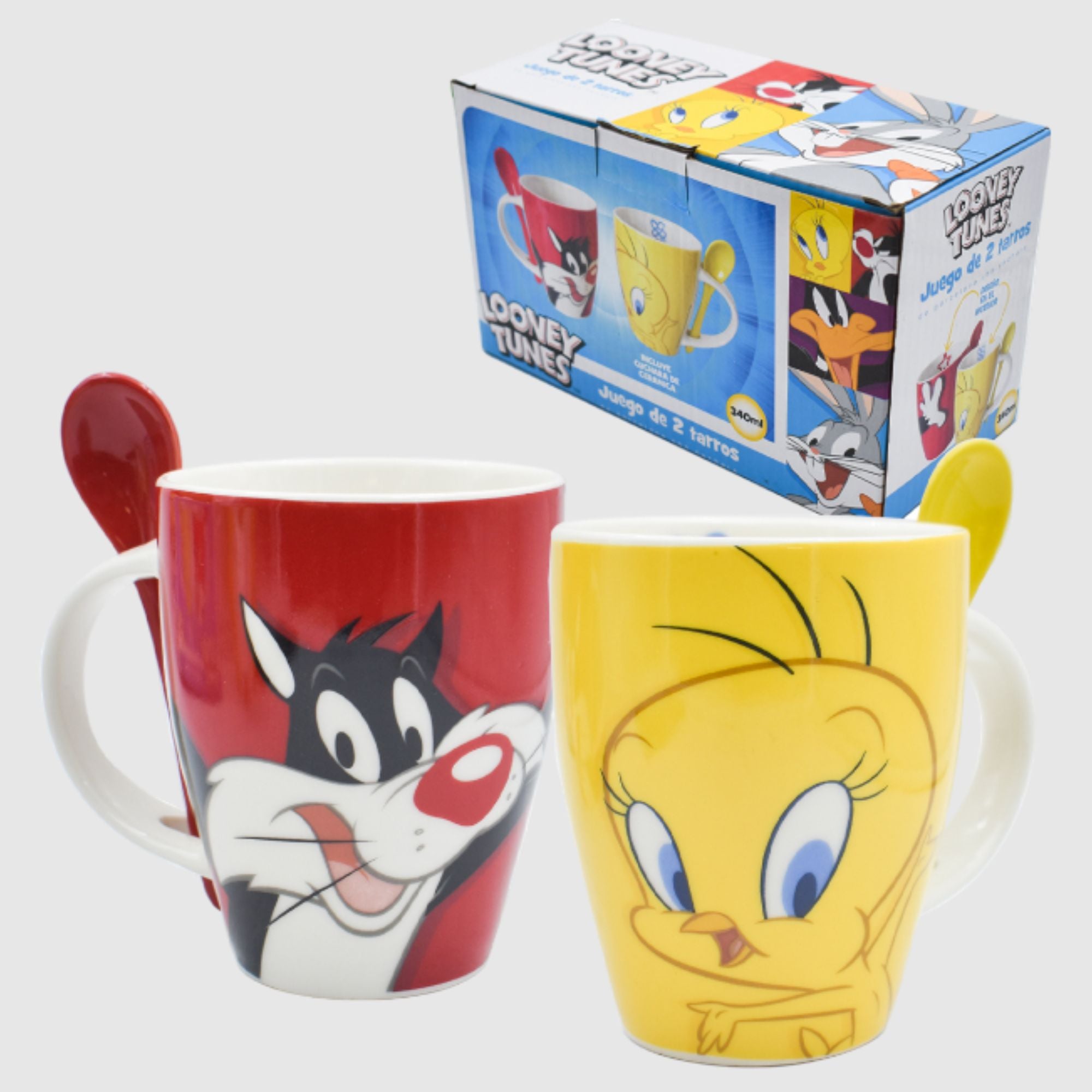 Set Juego Duo Tazas con Cuchara Fun Kids Warner Bros Looney Tunes Silvestre & Piolin Ceramica 340ml