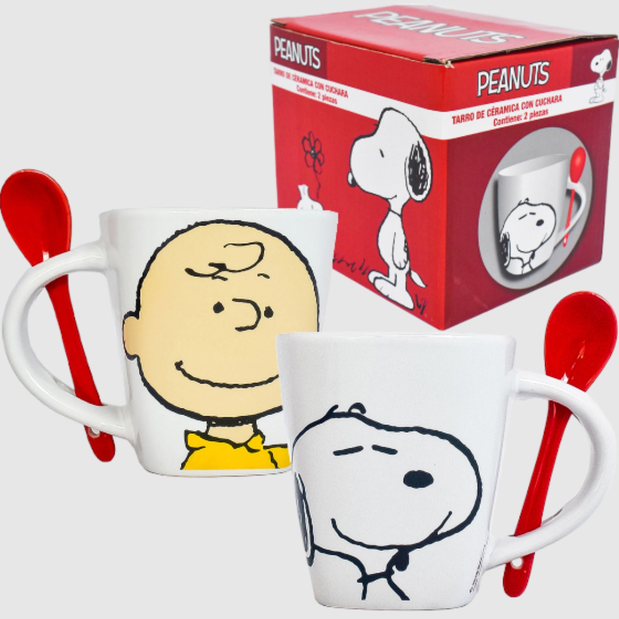 Taza Blanca Cuadrada con Cuchara Fun Kids Peanuts Charlie Brown & Snoopy Ceramica 440ml  1pza