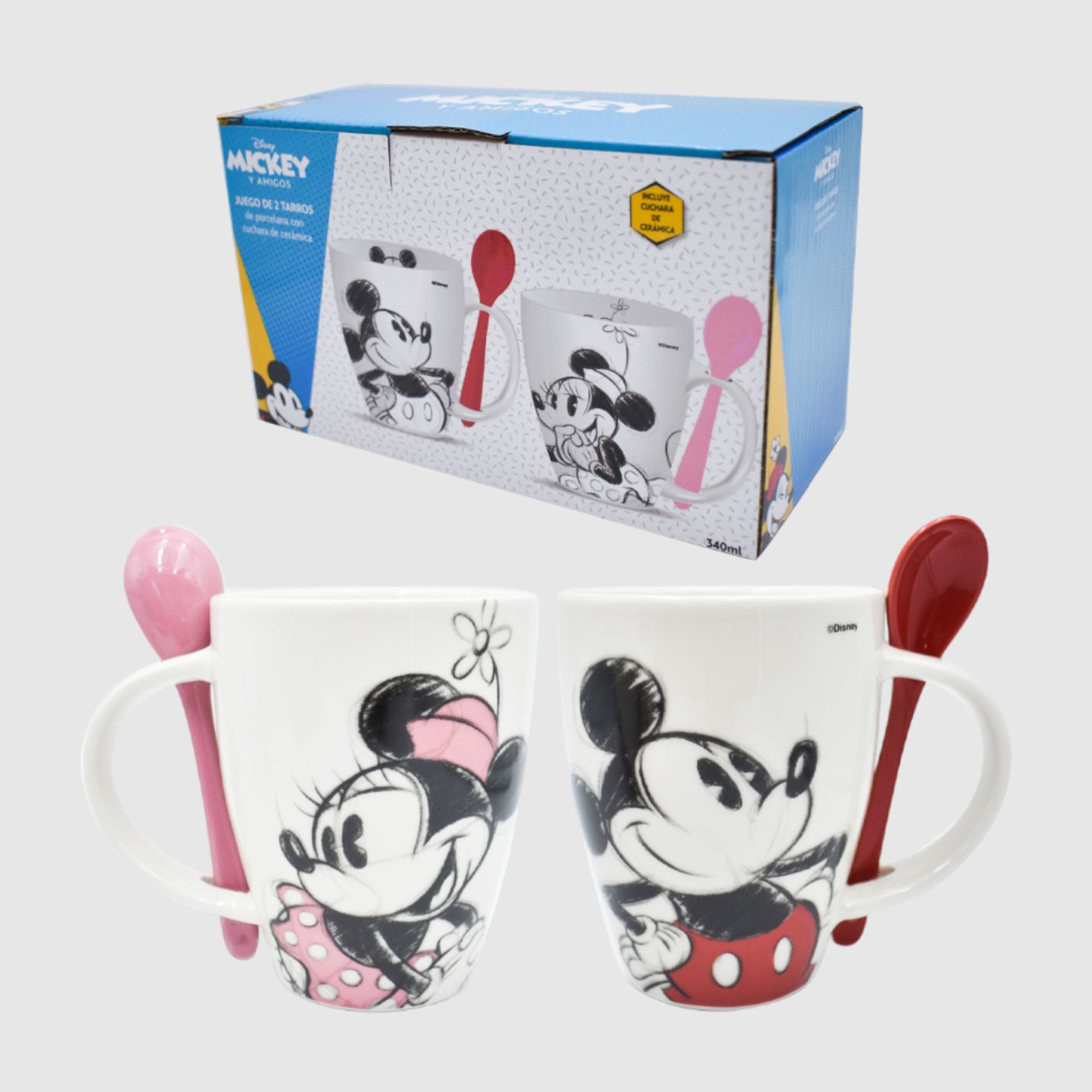 Juego Set tazas con cucharas Fun Kids Mickey & Minnie Mouse Ceramica 340ml