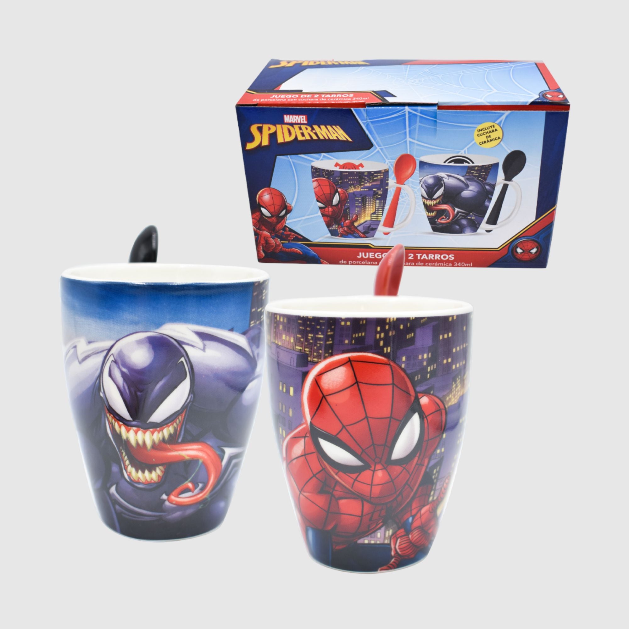 Set Juego tazas con cucharas Fun kids Disney Marvel Spiderman Hombre araña & Venom Ceramica 340ml 2pzas