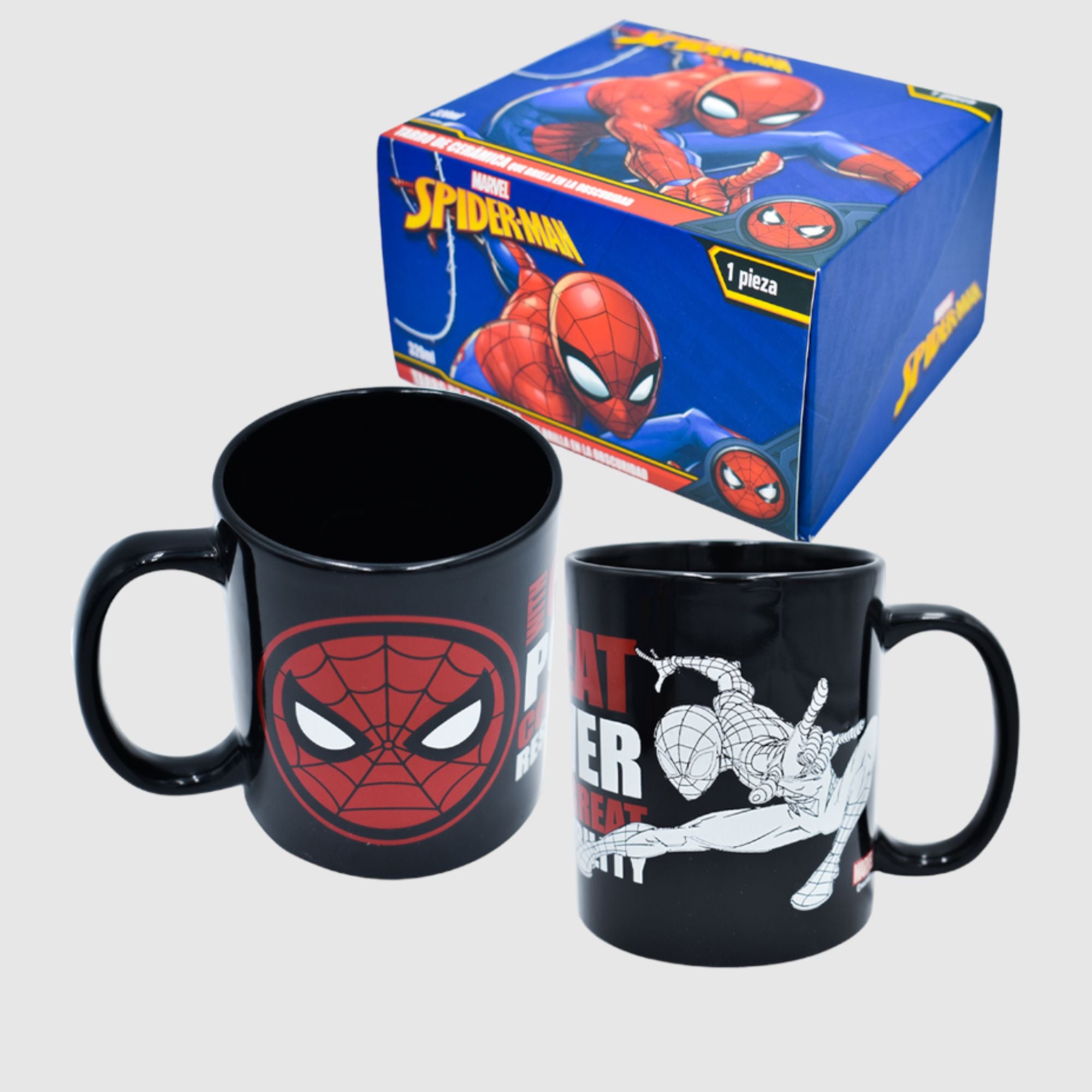 Taza Negra Mágica Brilla en la oscuridad Con Caja de regalo Disney Marvel Spider Man Hombre Araña Ceramica 320ml