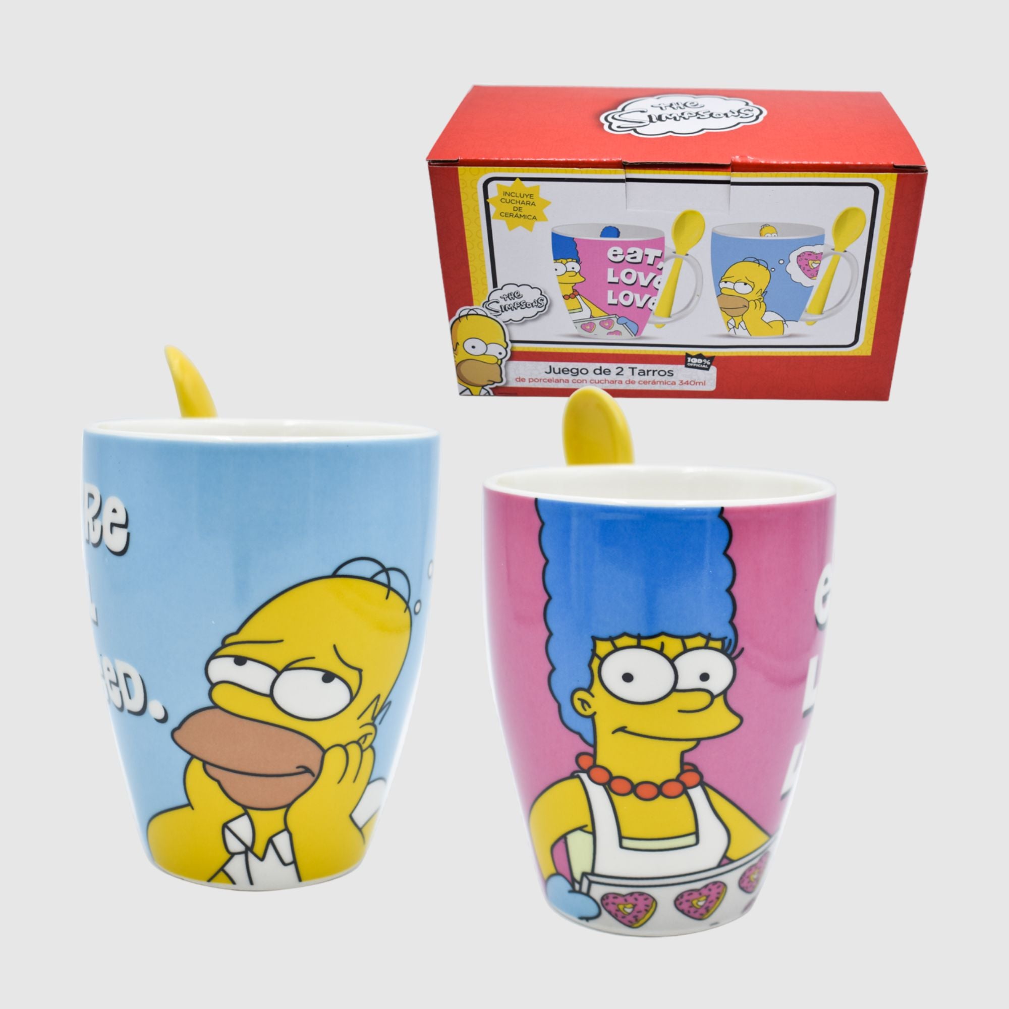 Set Juego Tazas Con Cucharas Fun kids Disney Los Simpson Homero & Marge Ceramica 340ml 2 pzas