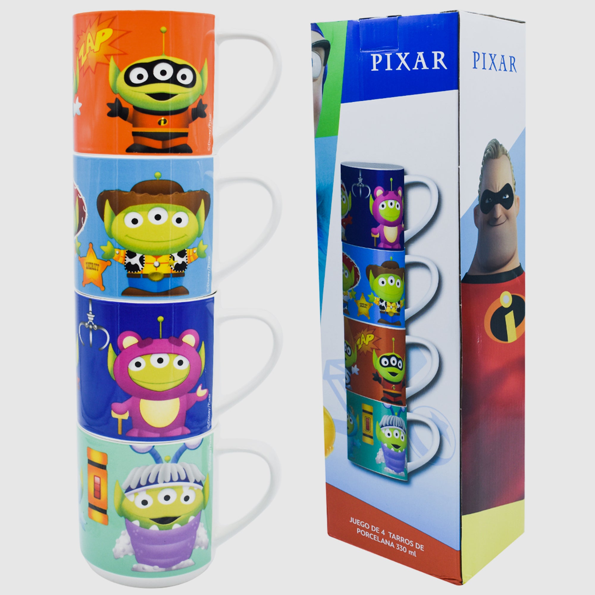 Tazas Apilables Fun Kids Disney Pixar Porcelana 330ml 4pz
